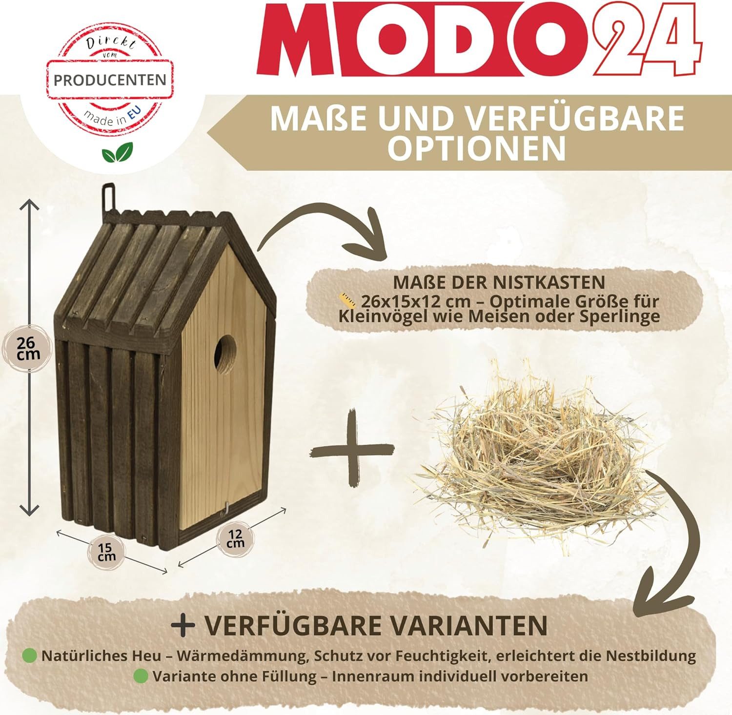 Modo24 Vogelhaus Meisen Nistkasten aus FSC® Holz mit 2,8 cm Einflugloch und mit Heu, Brutkasten mit Reinigungsklappe, Futterhaken für Garten, 26×15×12 cm
