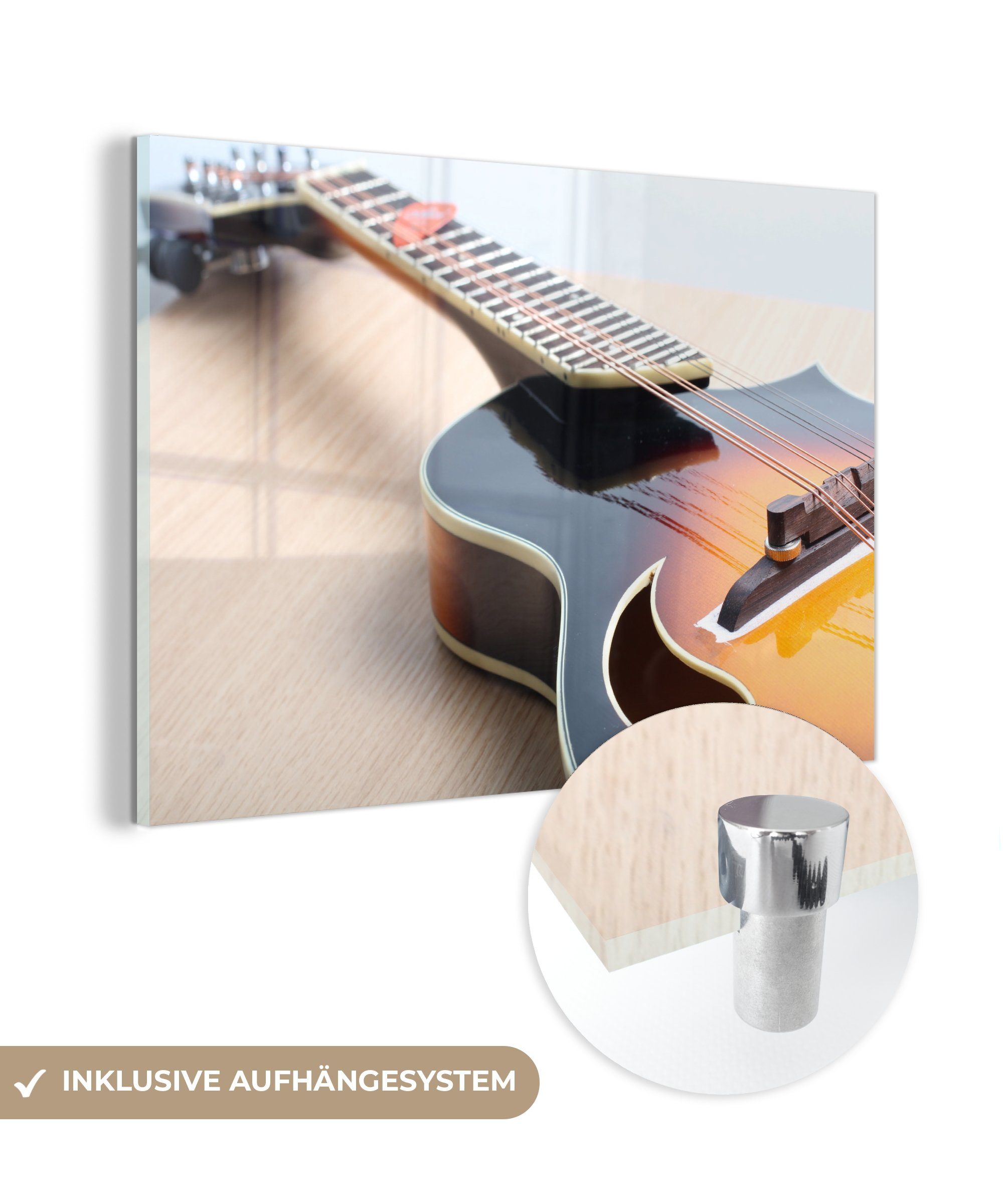 MuchoWow Acrylglasbild Eine E-Gitarre auf einem Holzboden, (1 St), Acrylglasbilder Wohnzimmer & Schlafzimmer