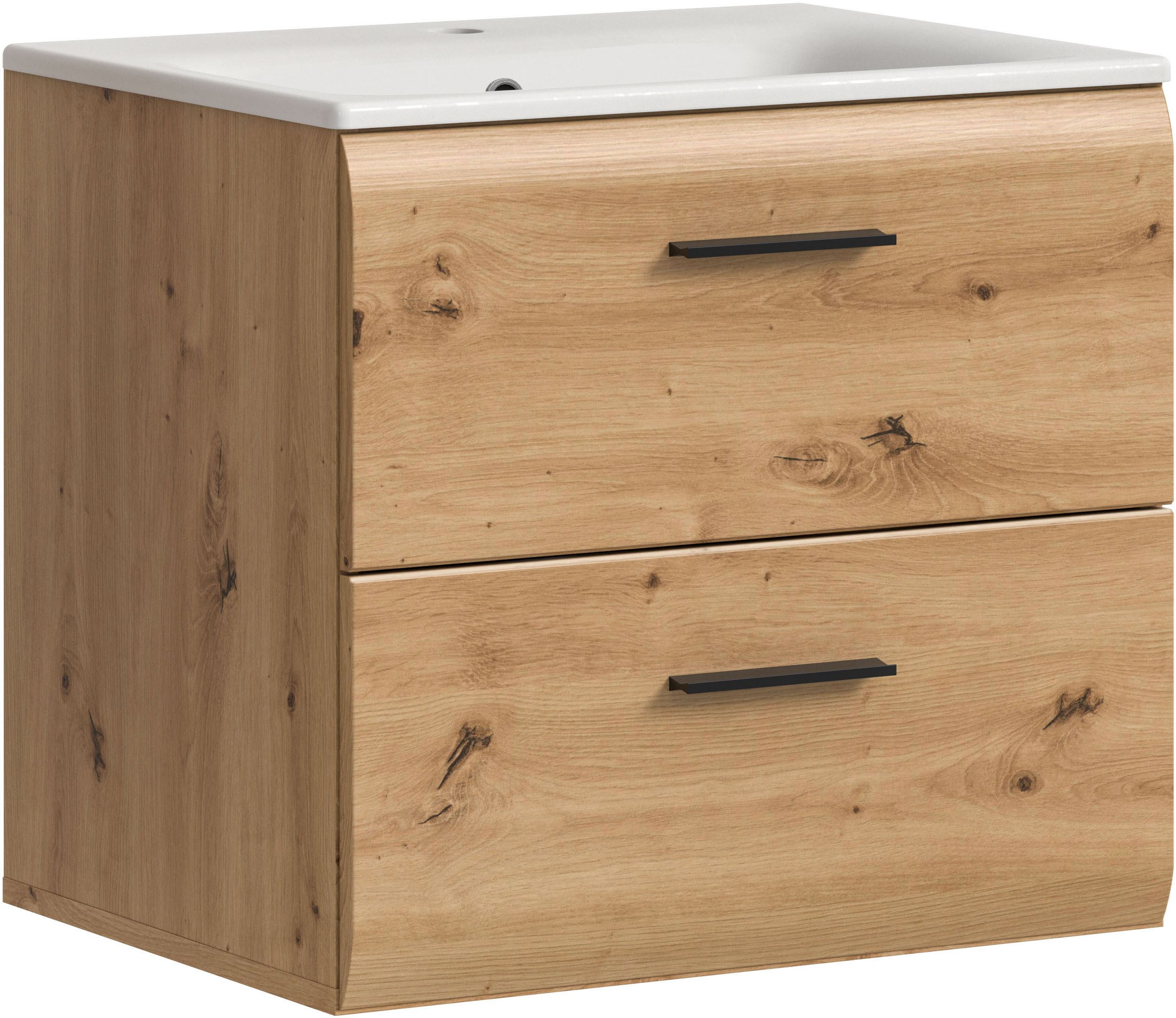 welltime Waschbeckenunterschrank FLORENZ, Breite 60 cm, inkl. Waschbecken, hängende Montage (2-St., TOPSELLER) hochwertige MDF Front, Griff schwarz, Badschrank, Bad