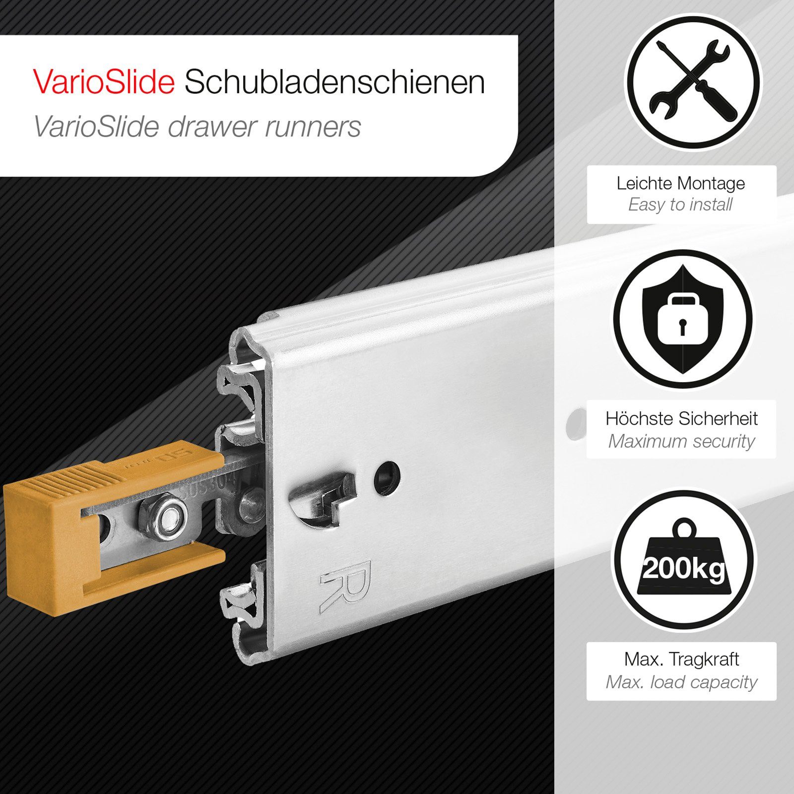 SO-TECH® Auszug Schwerlastauszug 200 kg mit Lock-in/out Einrastfunktion (2 St), gelber Hebel, KV2-200-H76-L1500-LC 1524 mm – Bild 2 von 5