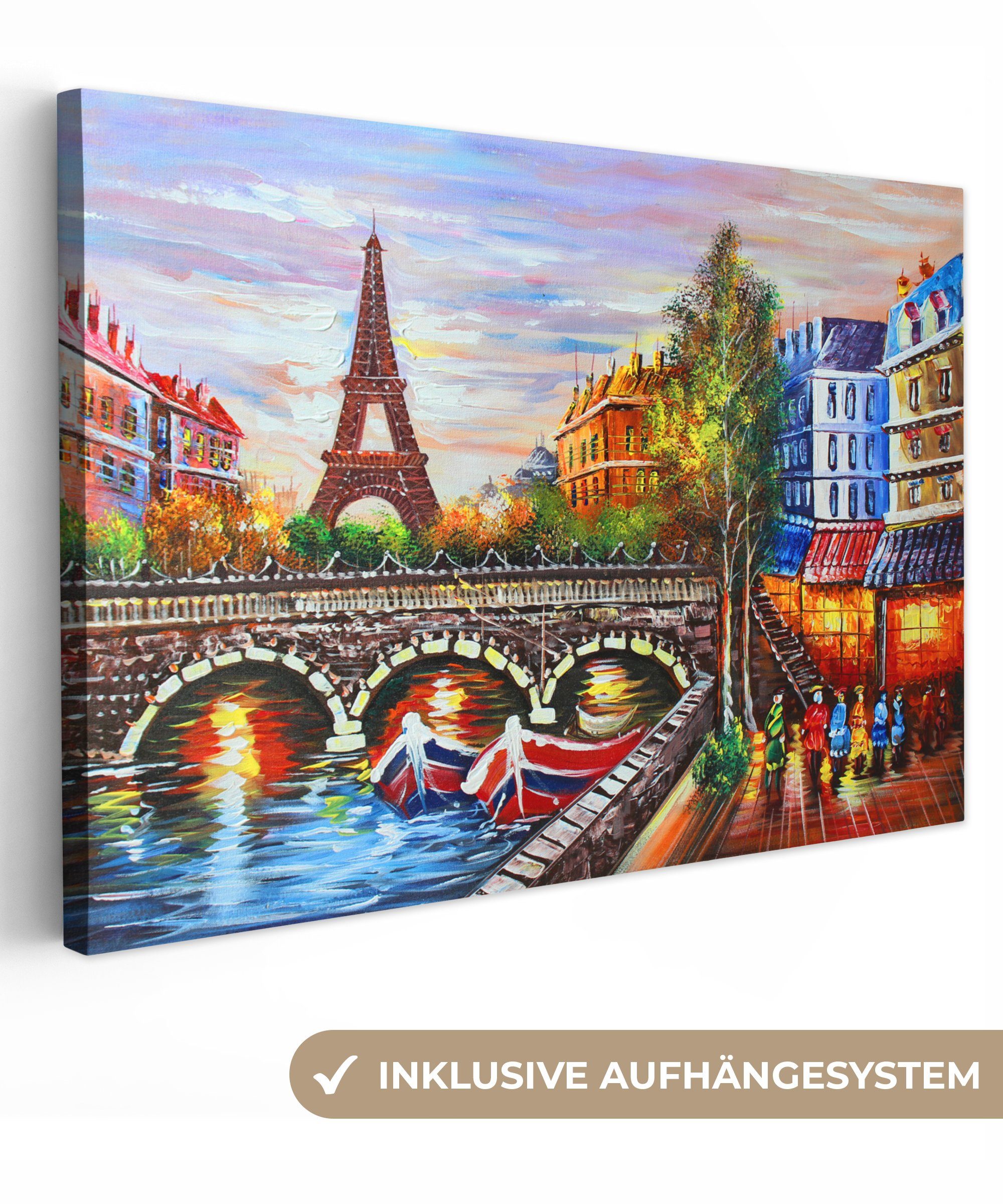 OneMillionCanvasses® Gemälde Gemälde - Öl - Eiffelturm - Paris - Wasser, (1 St), Wandbild Leinwandbilder, Aufhängefertig, Wanddeko, 30x20 cm