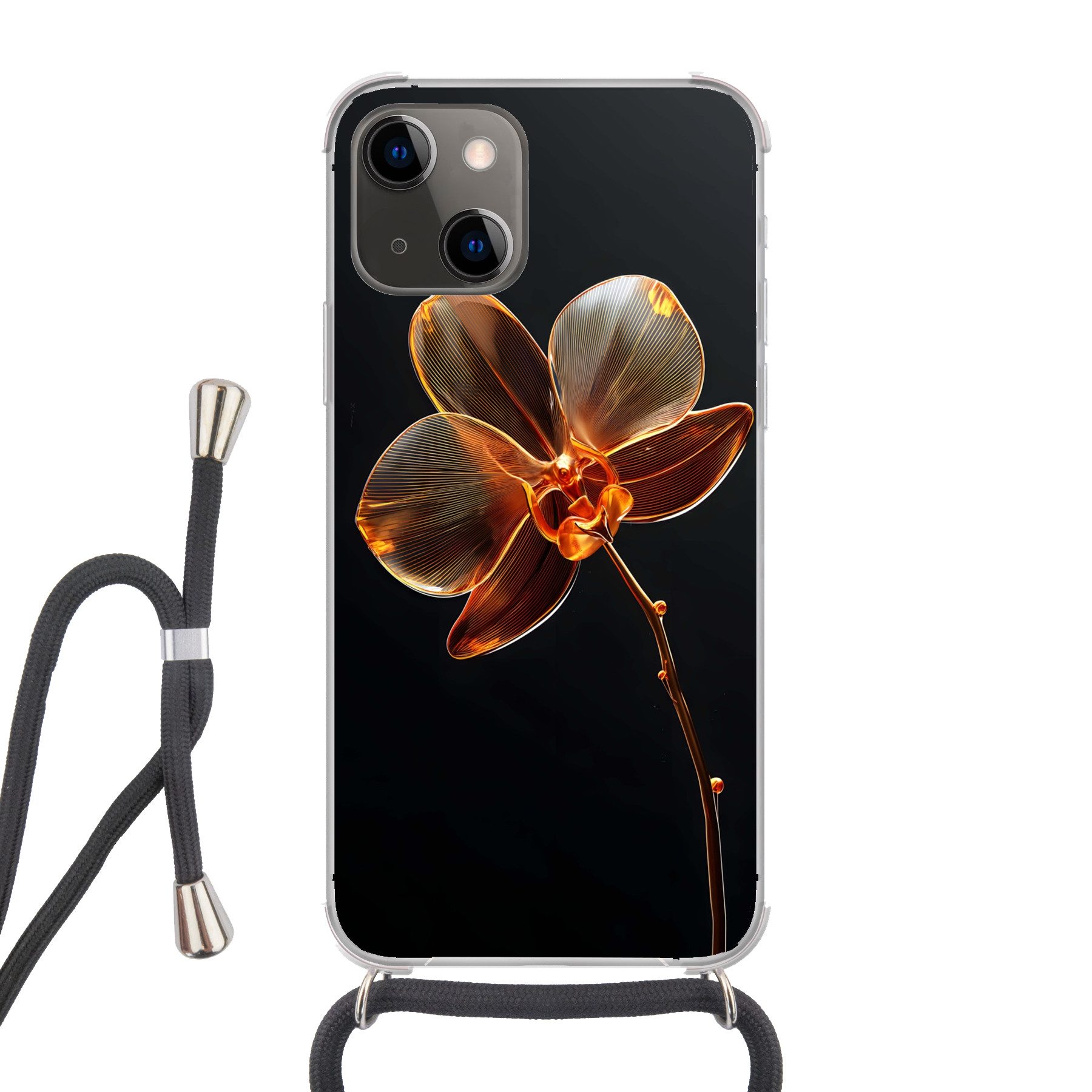 MuchoWow Handyhülle für Apple iPhone 13 Mini Orchidee - Transparent - Blume, Tragbare Handyhüllen mit Kette zum umhängen, Handykette Handyband