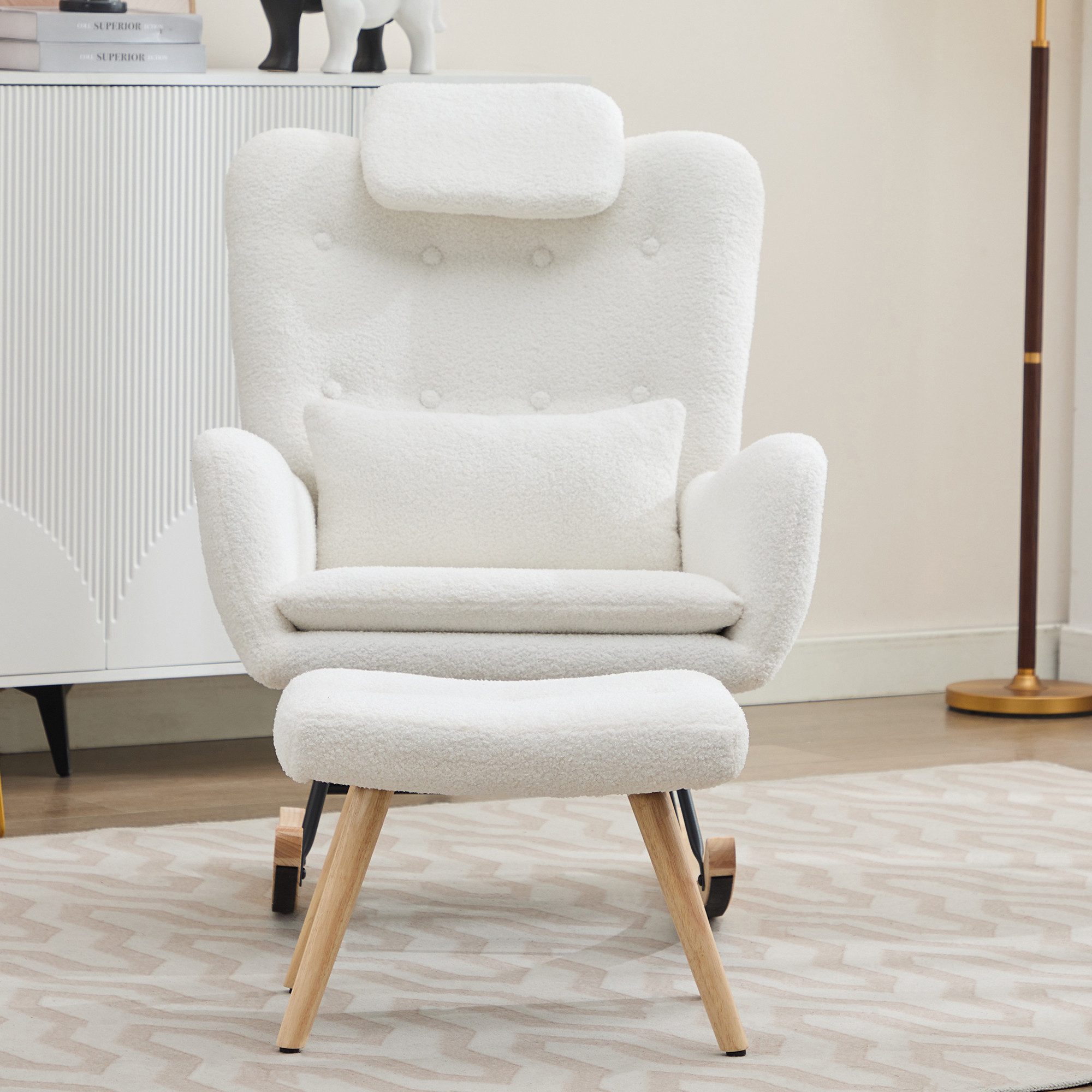 OKWISH Schaukelstuhl mit Rückenlehnen, Armlehnen (Freizeitstuhl, Relaxstuhl, Liegestuhl, 2 St), mit Hocker, Nackenkissen, Lendenkissen