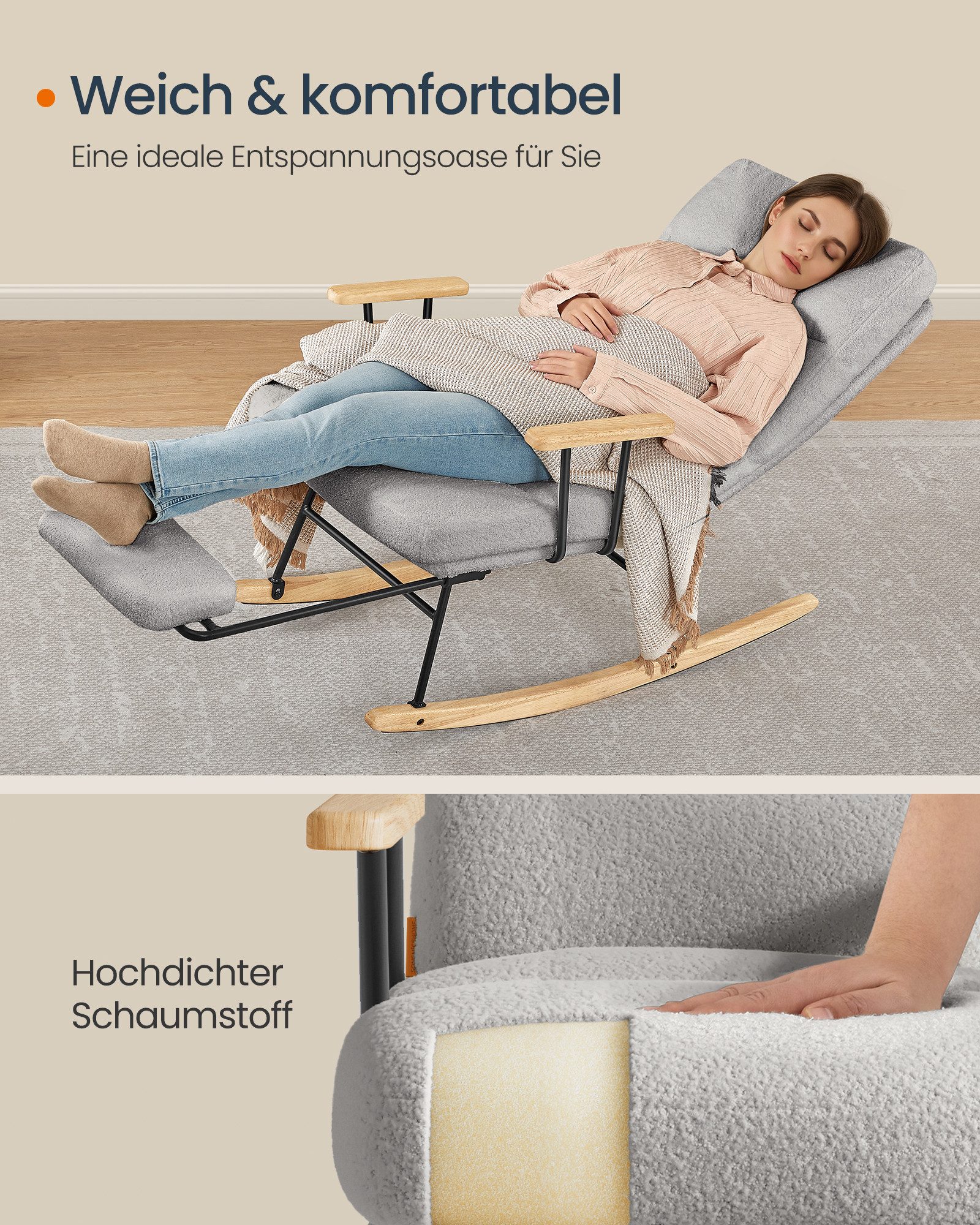 SONGMICS Schaukelsessel Schaukelstuhl mit Holzgestell, verstellbar, Schaukelstuhl, mit Massivholzfüßen, Schaukelsessel, für Schlafzimmer – Bild 5 von 5