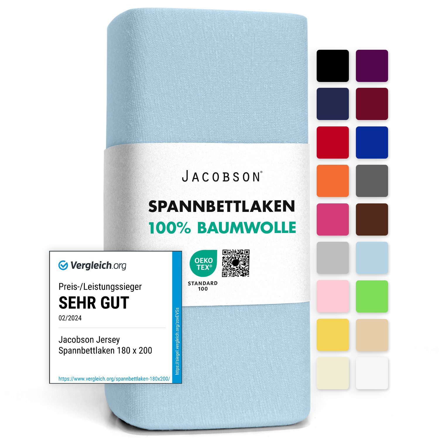 Jacobson Spannbettlaken aus 100% Baumwolle, Jersey Bettlaken 160 g/m², Spannbetttuch mit Gummizug, pflegeleicht & viele Farben