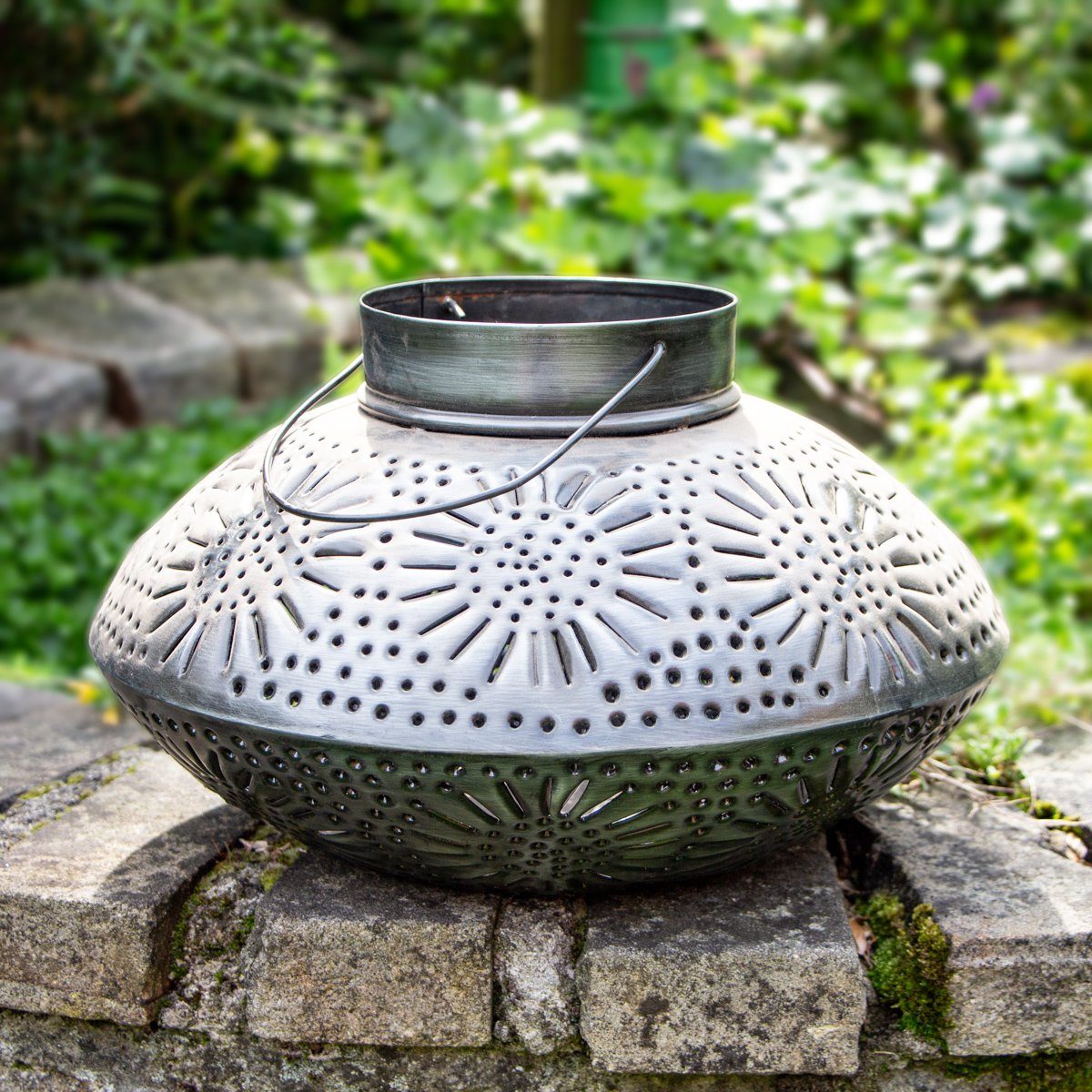 Antikas Wanddekoobjekt Laterne, Oval, Muster, Windlicht, Eisen, Grau-silber, H 31,0xB 19,0