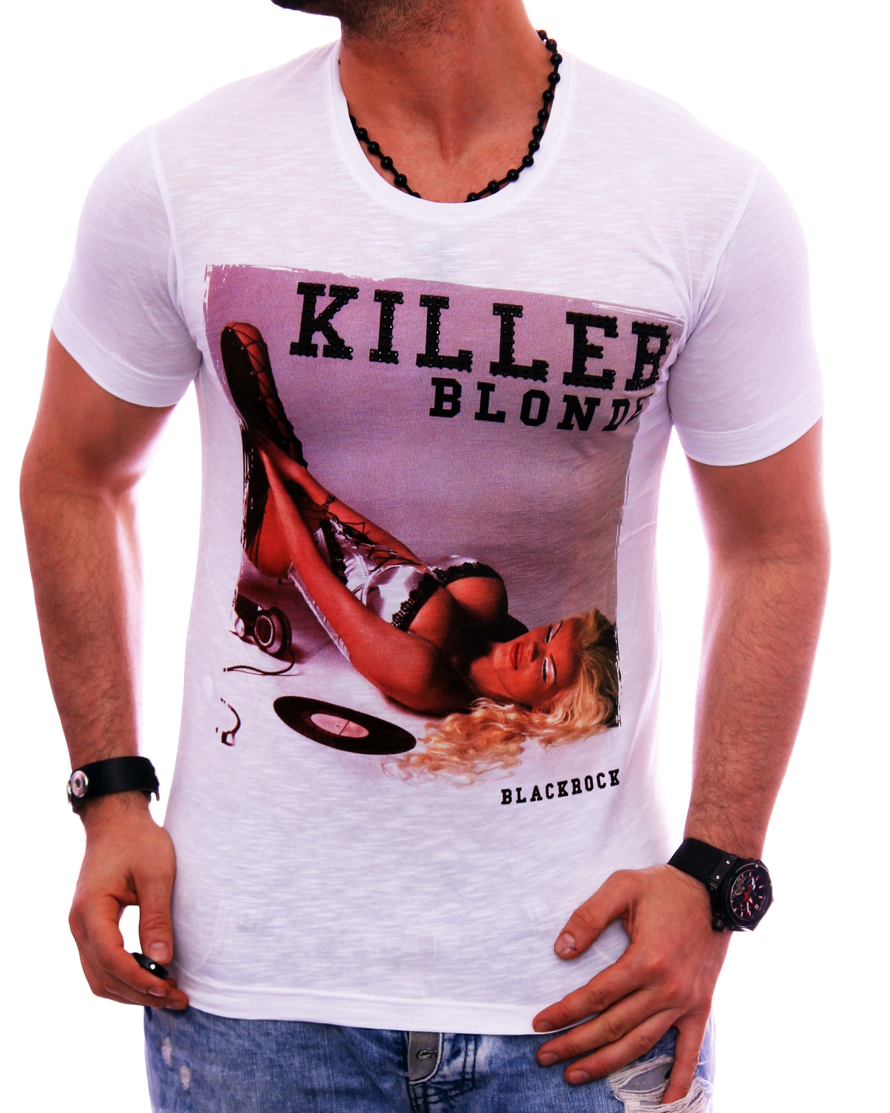 BLACKROCK T-Shirt Herren Shirt T-Shirt Urlaub Motiv kurzarm Rundhals bedruckt Print Strasssteine Slim-Fit Weiß