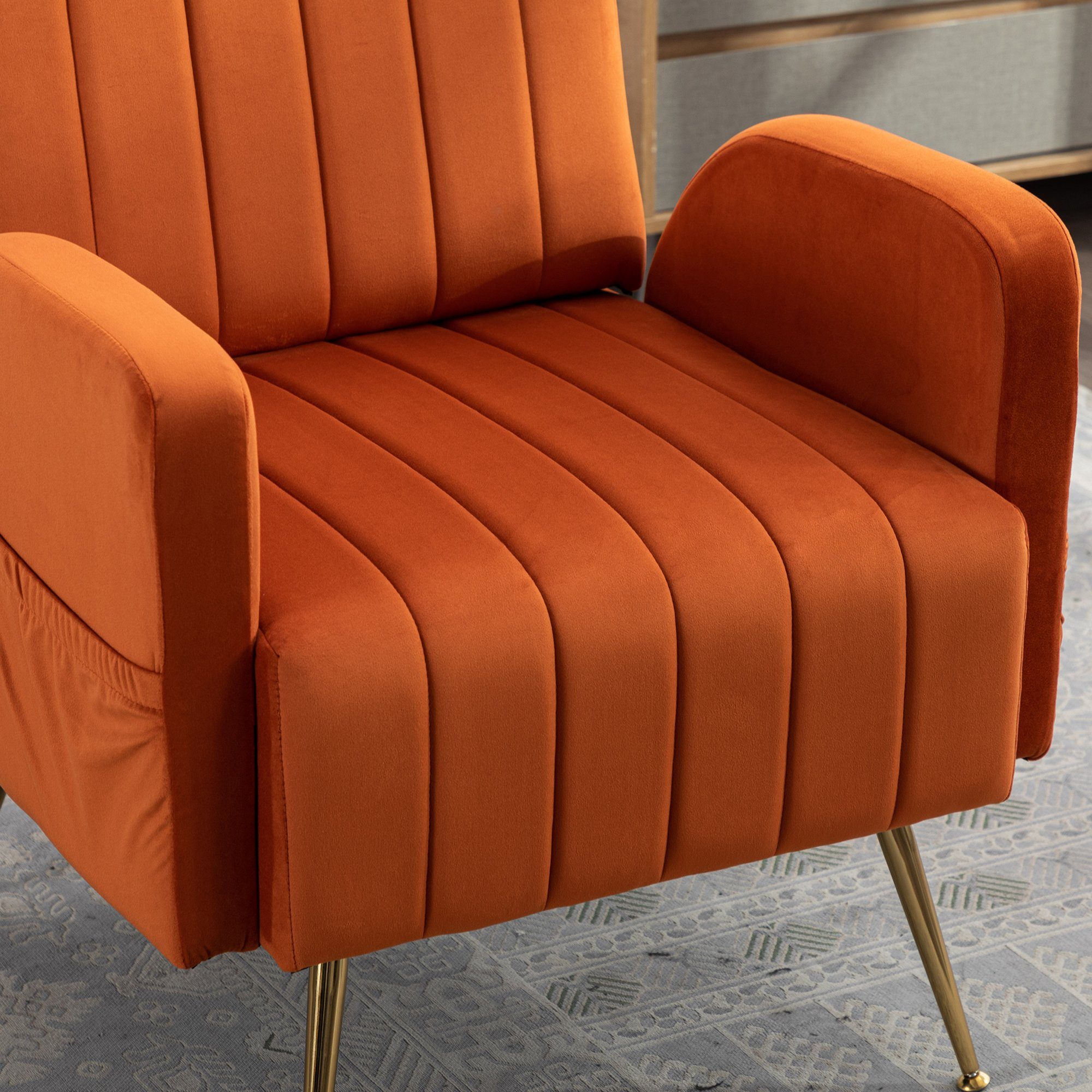 WISHDOR Loungesessel Sessel Relaxsessel orange Füßen eitentaschen, Samt, goldenen Fernsehsessel mit mit Polsterstuhl