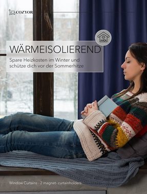 Vorhang Set mit 2x Gardine + 2x Vorhanghalter + 1x Gardinenstange ohne Bohren, Cozyor, Ösen (2 St), verdunkelnd, Polyester, blickdicht dunkelblau Ocean, Thermo Gardine 160x135 cm mit Magnethalter, Flur & Fenster