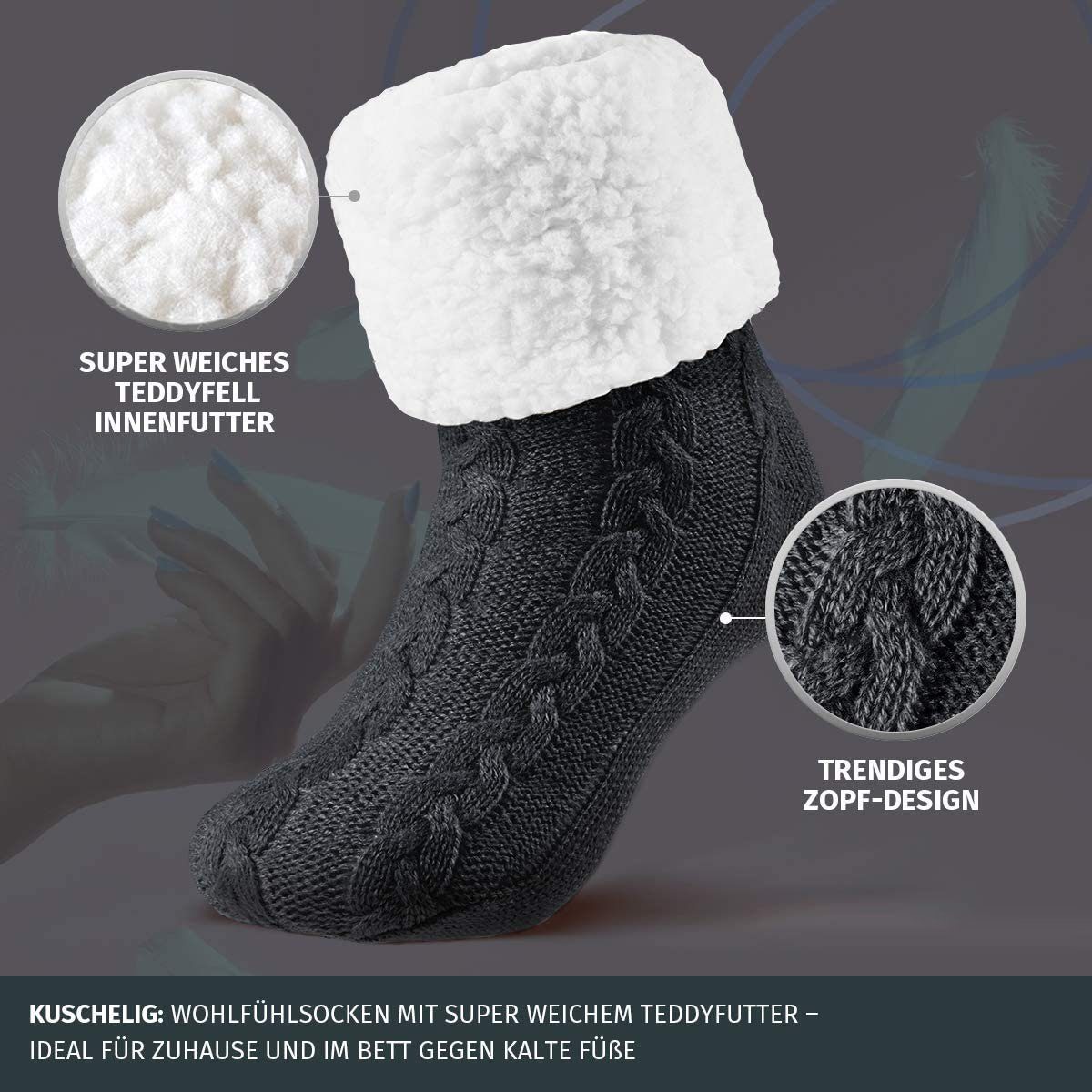 Alster Herz Winter Haussocken ABS-Socken Schuhgröße Kuschelsocken Sohle, für A0221 Herz 35-41, Alster Schwarz mit ABS