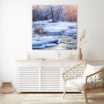 Primedeco Glasbild Wandbild Quadratisch Winterlandschaft am Fluss mit Aufhängung, Natur