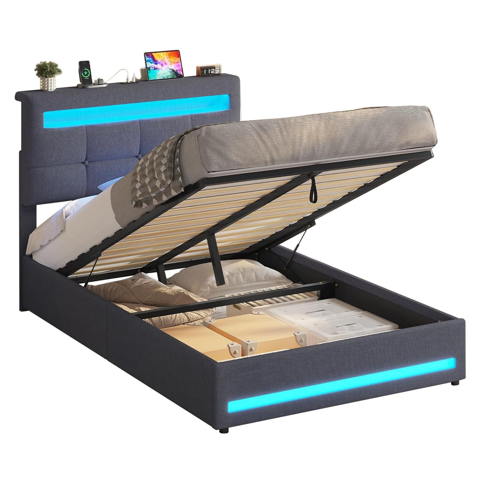 MSMASK Polsterbett Hydraulisches Stauraumbett mit höhenverstellbarem Kopfteil, Funktionsbett, Jugendbett mit LED-Beleuchtung und Ladeanschlüssen