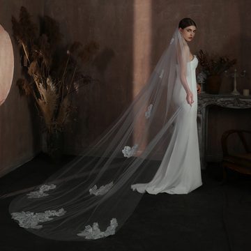 AUKUU Kopftuch Brautschleier Brautschleier mit Spitze lang weiß einlagig 270, x 160 cm