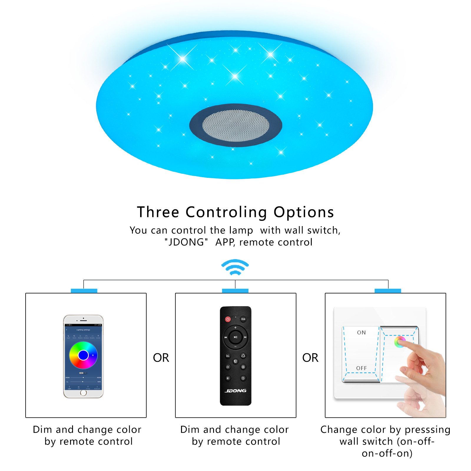 JDONG LED Deckenleuchte Dimmbar mit Bluetooth Lautsprecher 30cm/40cm/50cm, LED Deckenlampe mit Fernbedienung oder APP-Steuerung, 3000-6500K RGBW Farbwechsel, Musikwiedergabe für Schlafzimmer Badezimmer Wohnzimmer