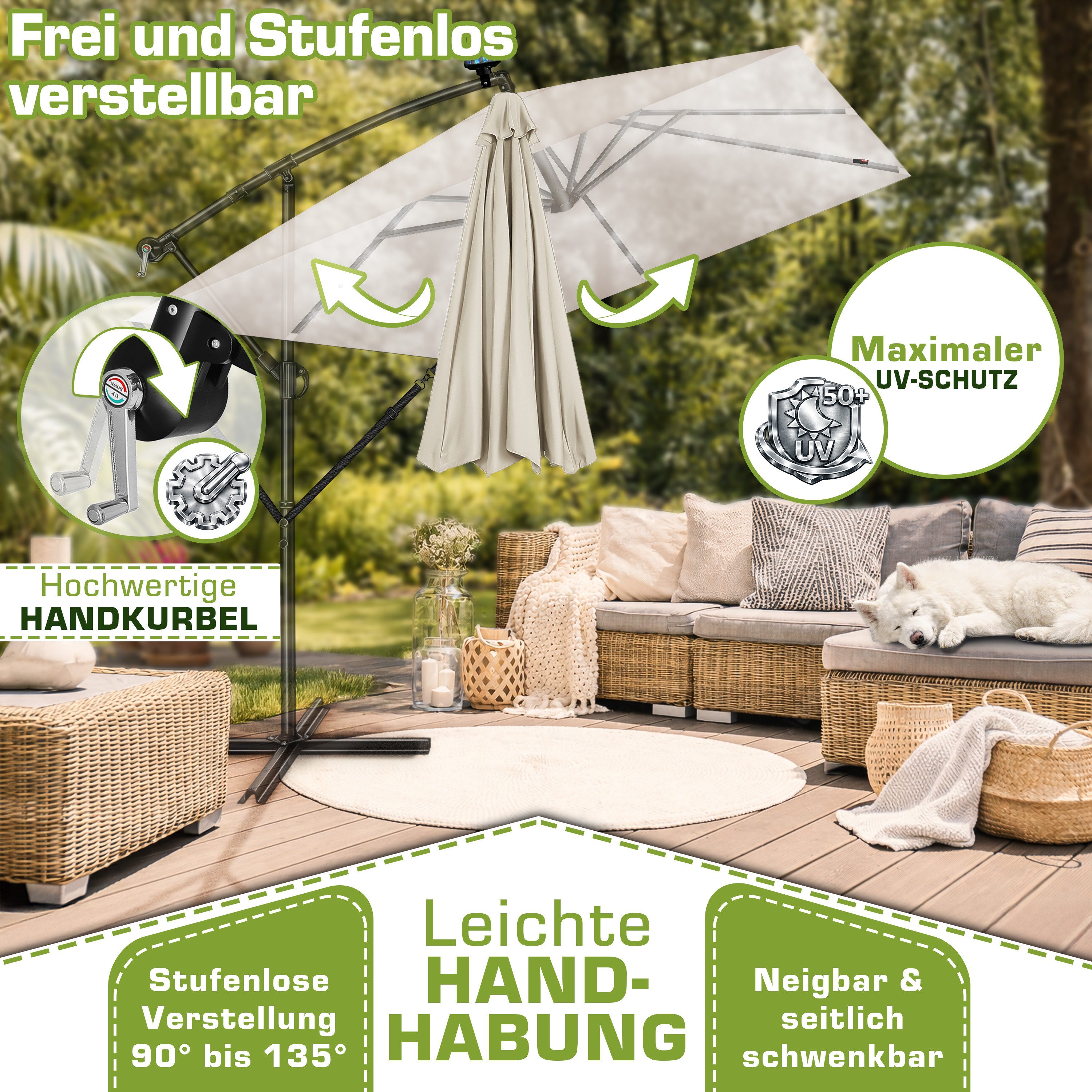 tillvex Sonnenschirm tillvex® Sonnenschirm LED Solar 235 x 235 cm Ampelschirm Gartenschirm, Kurbelschirm Marktschirm wasserdicht 360° drehbar, mit Kurbel & Windschutz Gartenschirm Aluminium, Alu Ampelschirm Ø330 cm Rechteckig mit LED Solar + Abdeckung