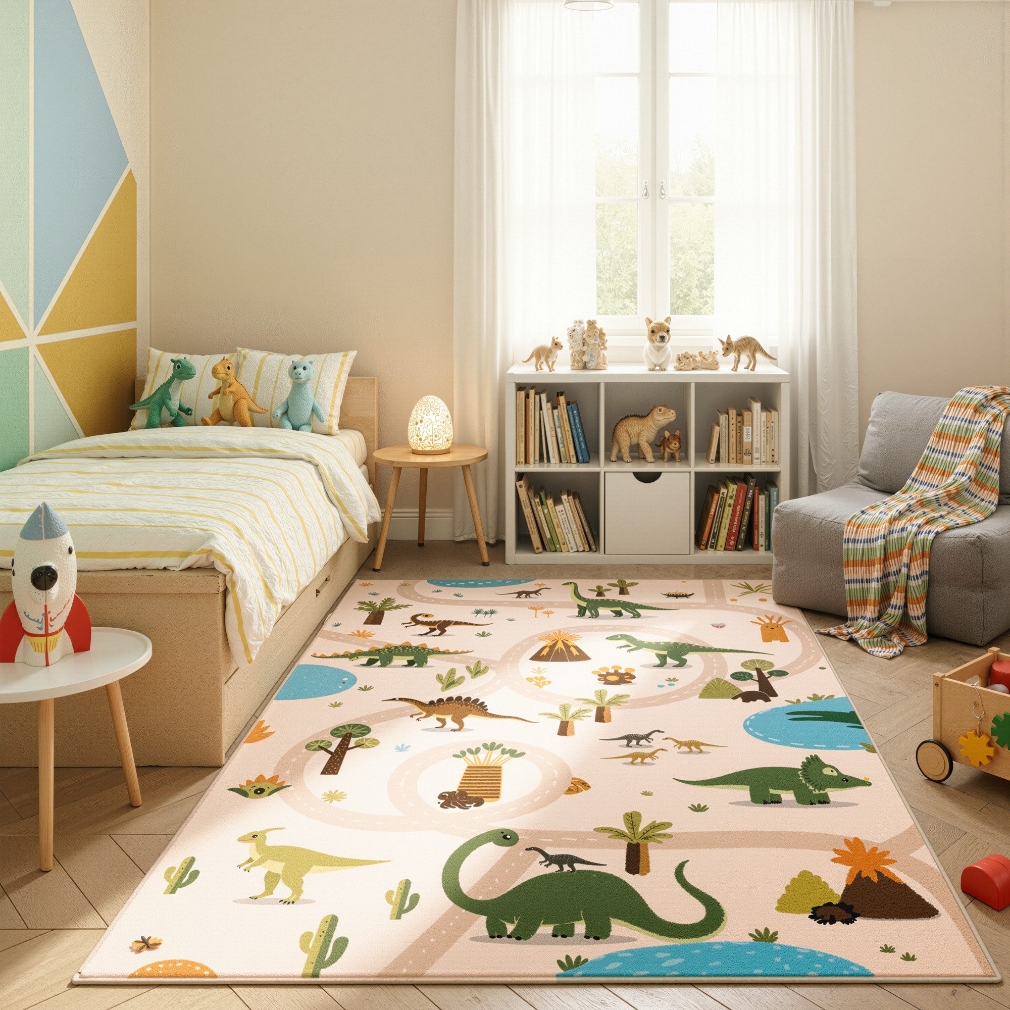 Teppium Teppich Bunte Dino Welt, Rechteckig, Höhe: 5 mm, Teppich Kinderzimmer