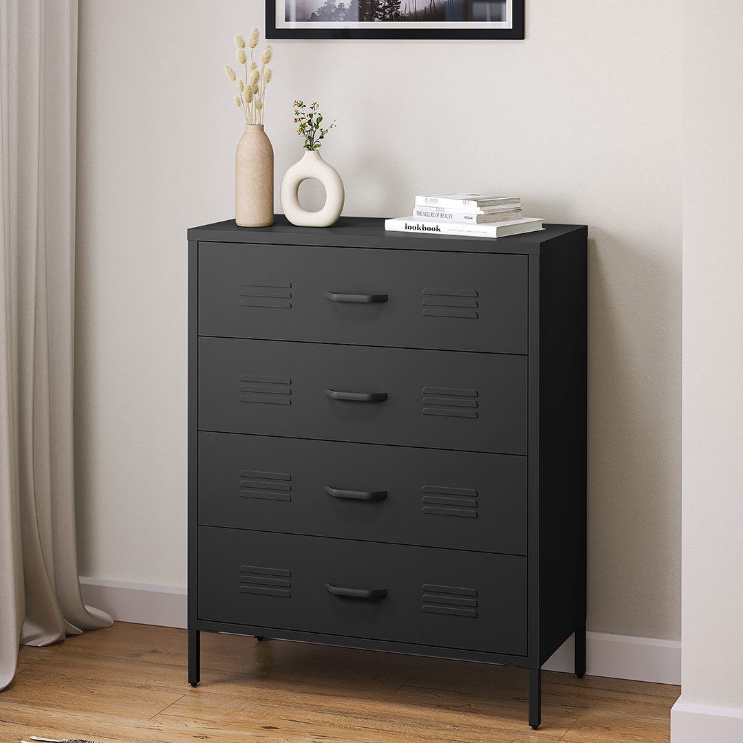 skølm Kommode Atria aus Metall (Schwarz), Sideboard mit 4 Schubladen, Metallschrank mit höhenverstellbaren Füßen