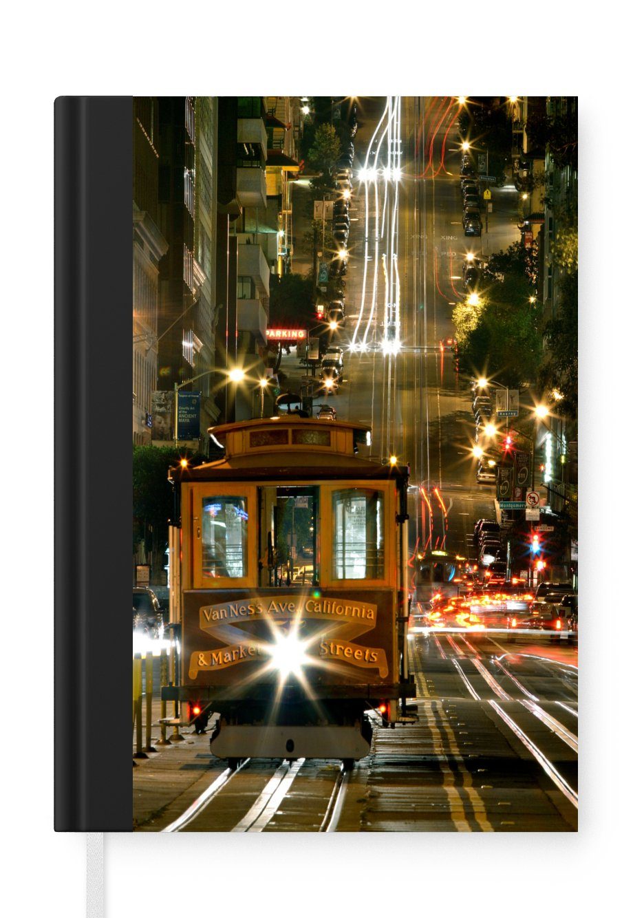 MuchoWow Notizbuch Straßenbahn in San Francisco bei Nacht, Journal, Merkzettel, Tagebuch, Notizheft, A5, 98 Seiten, Haushaltsbuch