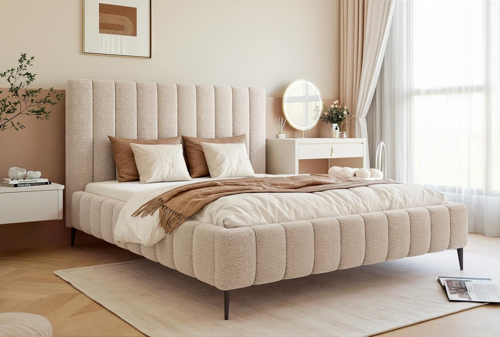 Compleo Polsterbett mit hohen Füßen, Stauraumbett mit Bettkasten, Bouclé 140x200 160x200 180x200 200x200cm