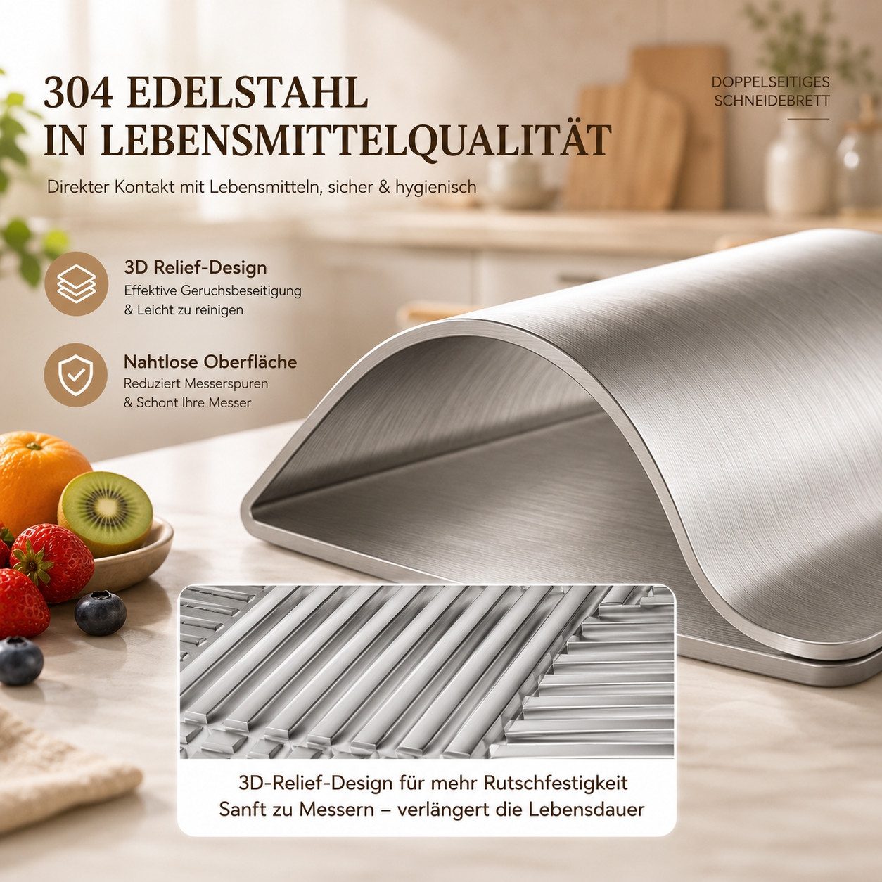 Jumpeak Schneidebrett Titan Schneidebrett mit Saftrille,Anschlagkante,rostfrei,beidseitig, Edelstahl, Edelstahl Schneidebrett 41x32cm,antibakteriell,mit Griff – Bild 4 von 5