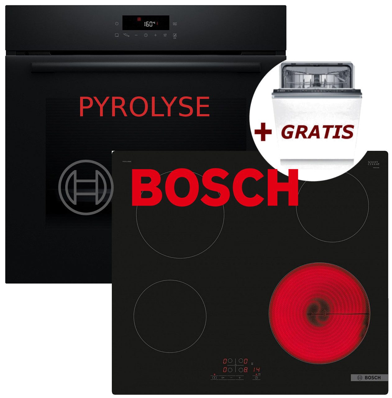 BOSCH Backofen-Set Bosch Herdset Pyrolyse-Backofen + Kochfeld + Gratis Bosch Spülmaschine, Pyrolyse-Selbstreinigung