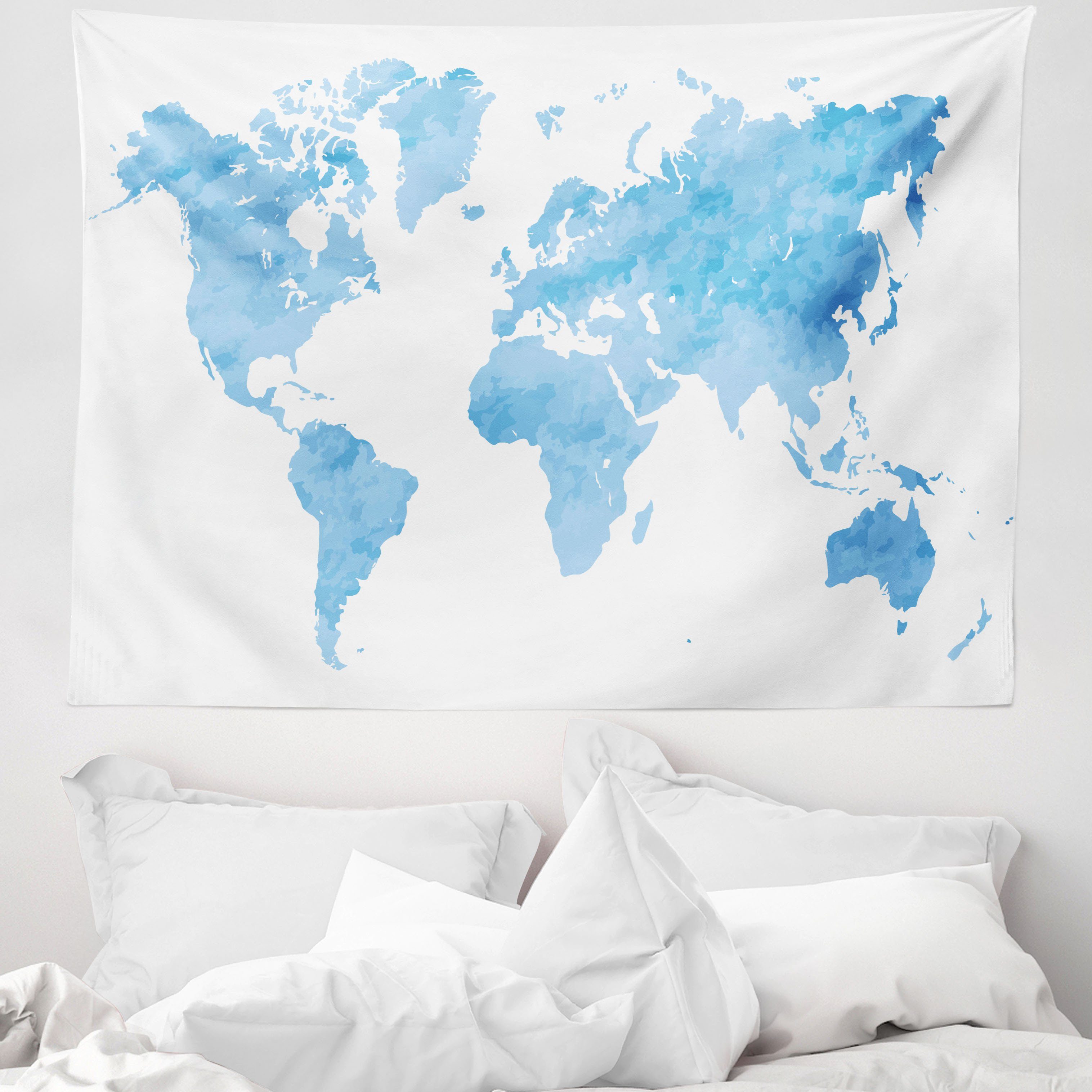 Wandteppich aus Weiches Mikrofaser Stoff Für das Wohn und Schlafzimmer, Abakuhaus, rechteckig, Karte Blau Aquarell Weltkarte