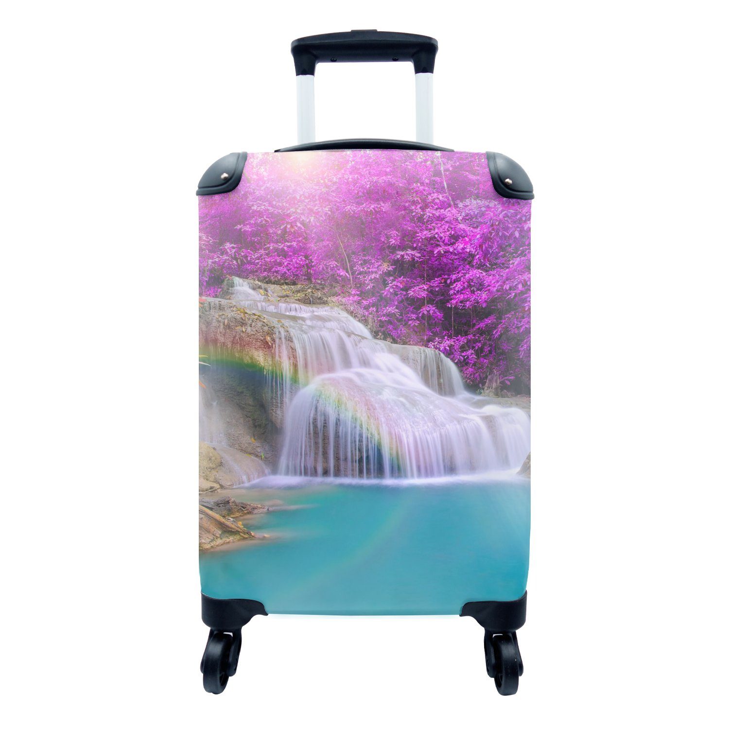 MuchoWow Handgepäckkoffer Wasserfall - Bäume - Regenbogen - Lila, 4 Rollen, Reisetasche mit rollen, Handgepäck für Ferien, Trolley, Reisekoffer
