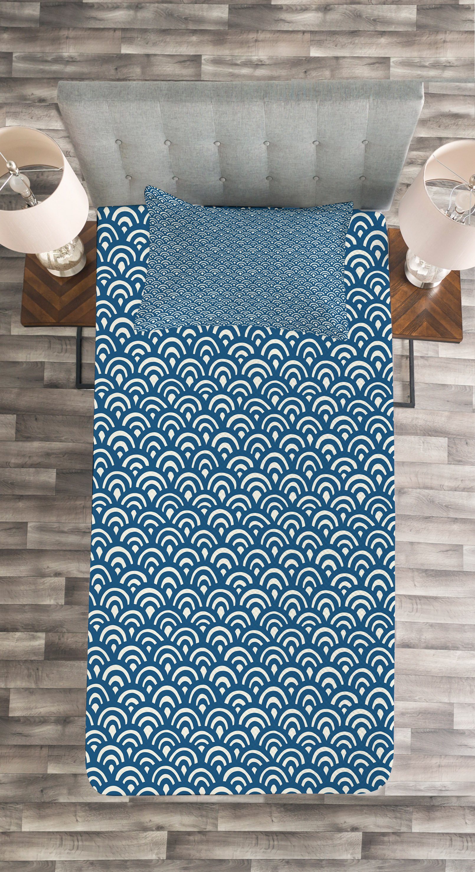 Tagesdecke Set mit Kissenbezügen blau Waschbar, Asian Abakuhaus, Wasser Halbkreise