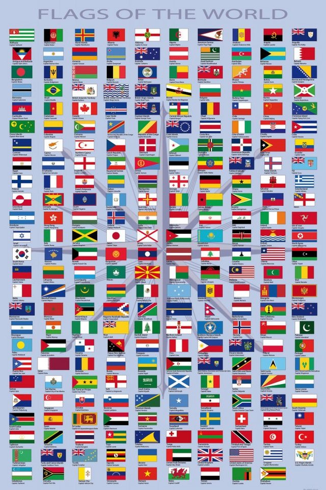1art1 Kunstdruck Flaggen Der Welt - Ländernamen Und Hauptstädte