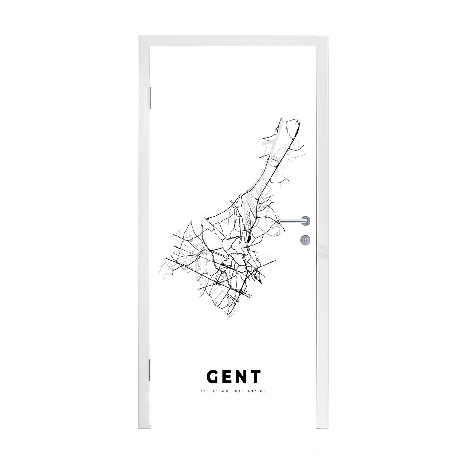 MuchoWow Türtapete Karte - Stadtplan - Gent - Belgien - Schwarz und weiß, Matt, bedruckt, (1 St), Fototapete für Tür, Türaufkleber, 75x205 cm