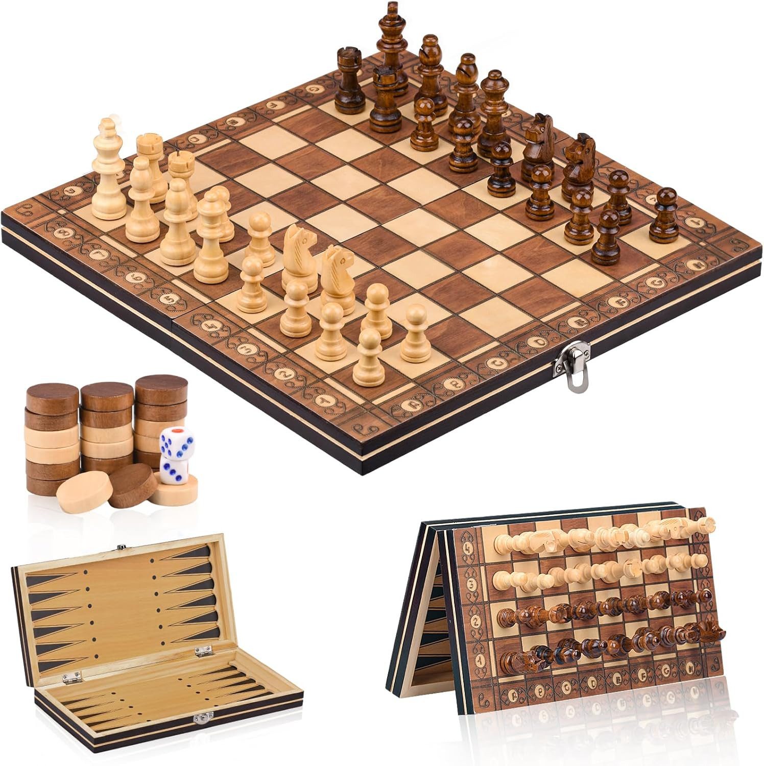 Holz Lichter Spiel Schachspiel Holz 3 in 1, Schachset klappbar, Reiseschach, Magnetische Figuren: Sicherer Halt ideal für Reisen&unterwegs