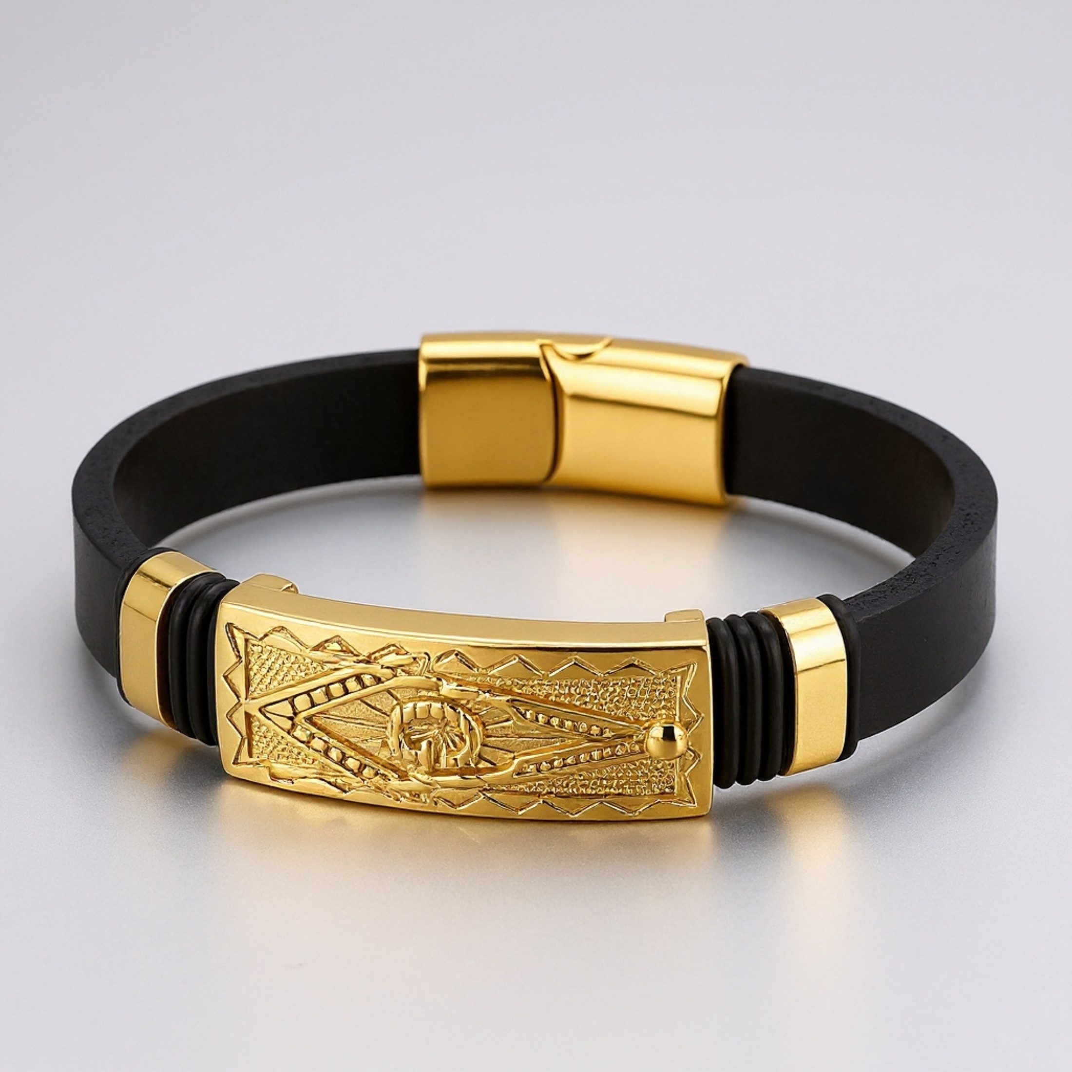 UNIQAL.de Lederarmband TOTEM Masonic Freimaurer – Echtleder & Edelstahl in Gold oder Schwarz (Herren Accessoire, Geschenkidee, Handarbeit, Symbolschmuck, Unisex), Hochwertig verarbeitet