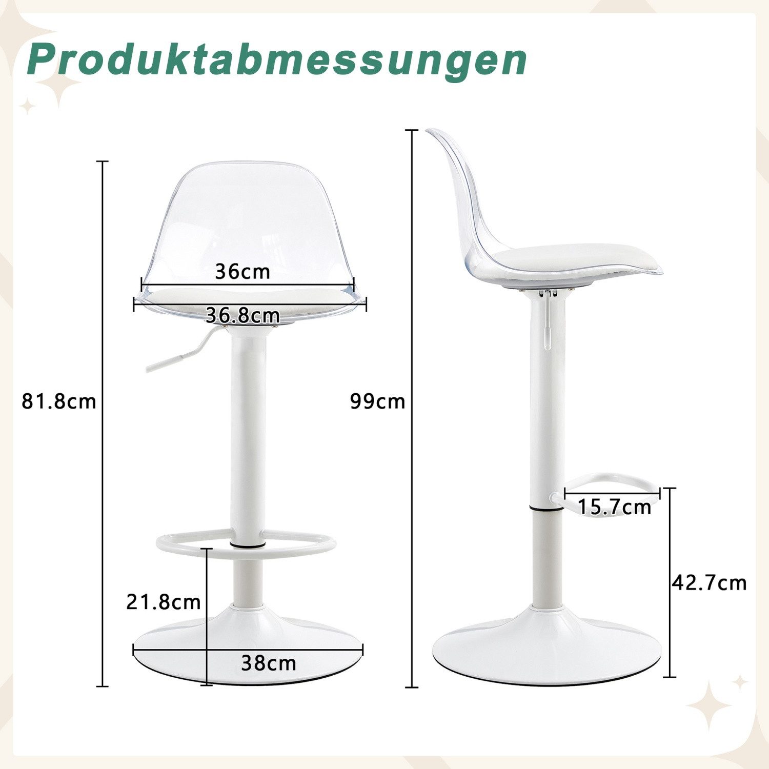 ANYSUN Barhocker 2er Set Balkenstuhl,mit Runder Fuß und Transparente Rückenlehne, (Höhenverstellbar/ 81,8-99cm, 360° Drehbar, Bar Stool Balkenstuhl, 2er-Set), Drehstuhl Hocker Tresenhocker,Barhocker Barstuhl mit Fußstütze