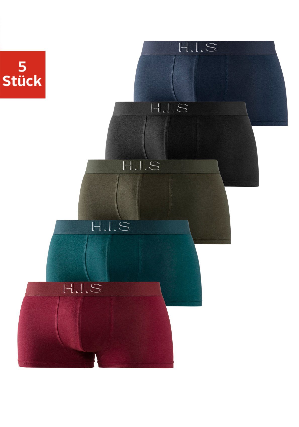 Logoschriftzug mit in schwarz, am 5-St) petrol, H.I.S Hipster-Form Boxershorts (Packung, Webbund mit navy bordeaux, 3D olivgrün, Effekt