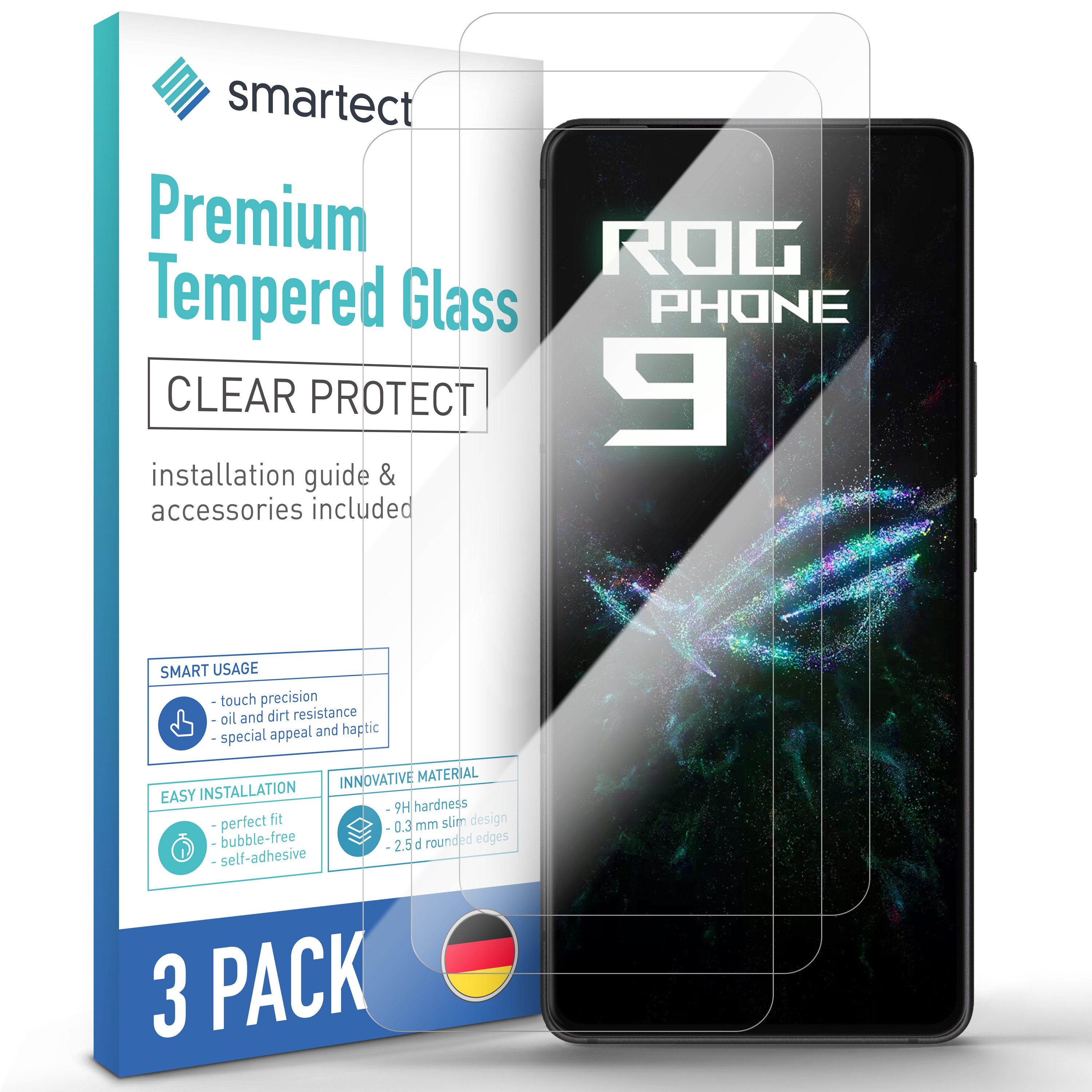 smartect Displayschutzglas 3X Schutzglas Panzerfolie Klar für Asus Rog Phone 9 5G / 9 Pro 5G für Asus Rog Phone 9 5G / 9 Pro 5G, Set, 3 Stück, 0.3 mm Ultra-klar, 9H Härte, Kratzfest, Stoßfest, Blasenfrei, Oleophob
