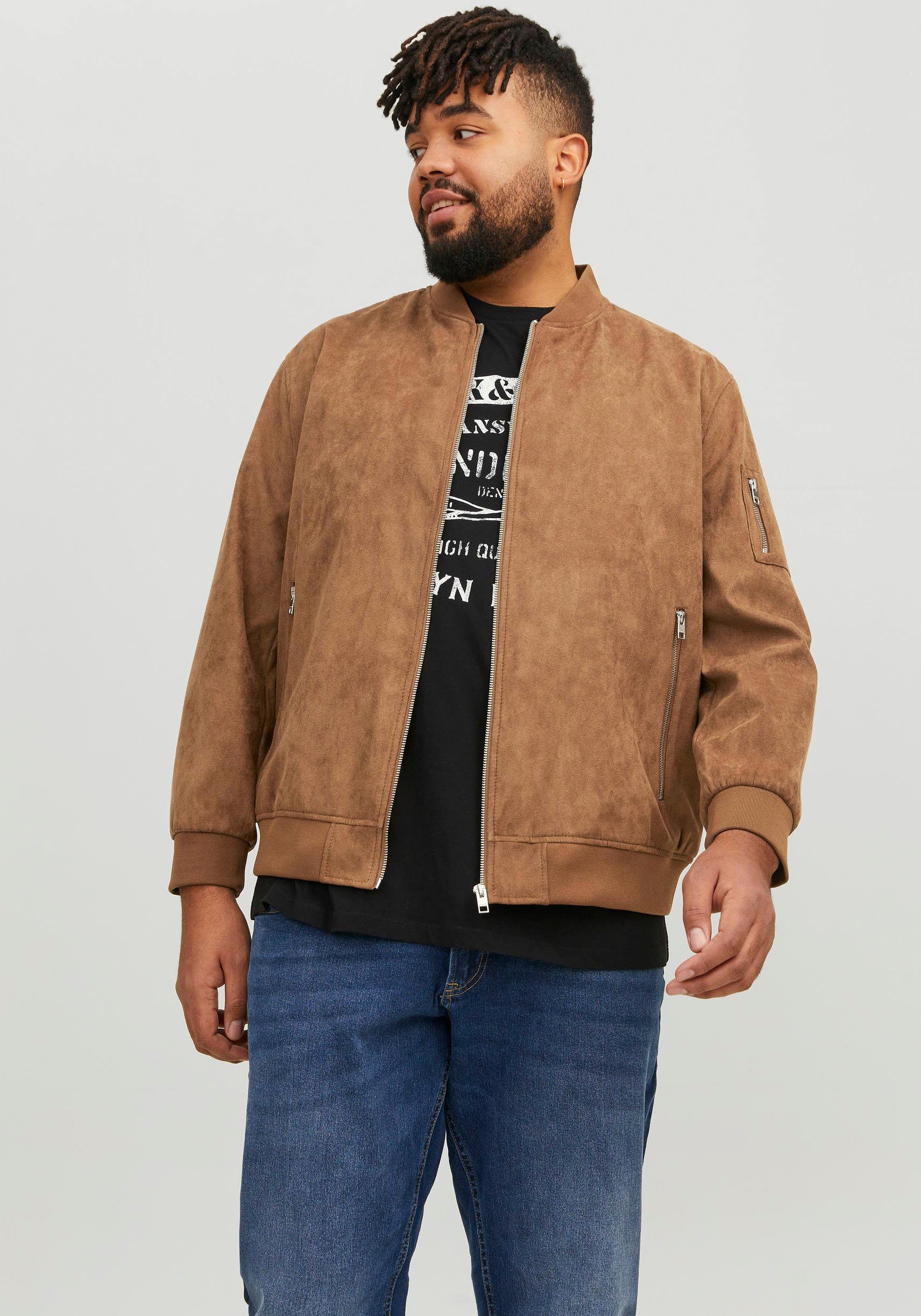 Jack & Jones PlusSize Blouson JJEROCKY FAUX SUEDE BOMBER PLS cognac