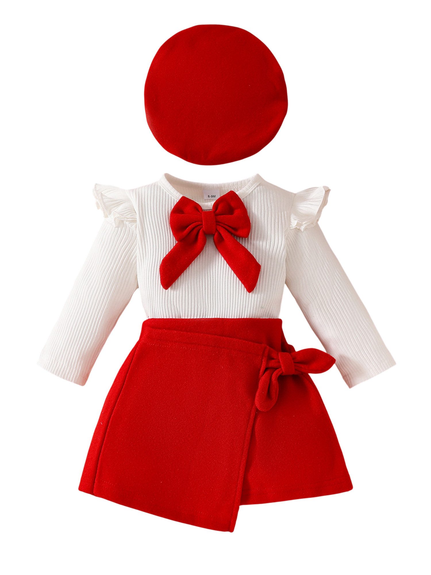 Gluckids Shirt & Rock Baby Mädchen elegantes Outfit, Strickoberteil, Samtrock, Baskenmütze (Set, 3-tlg) Party Kleidung für Mädchen, Stilvolles farblich abgesetztes Alltagsset