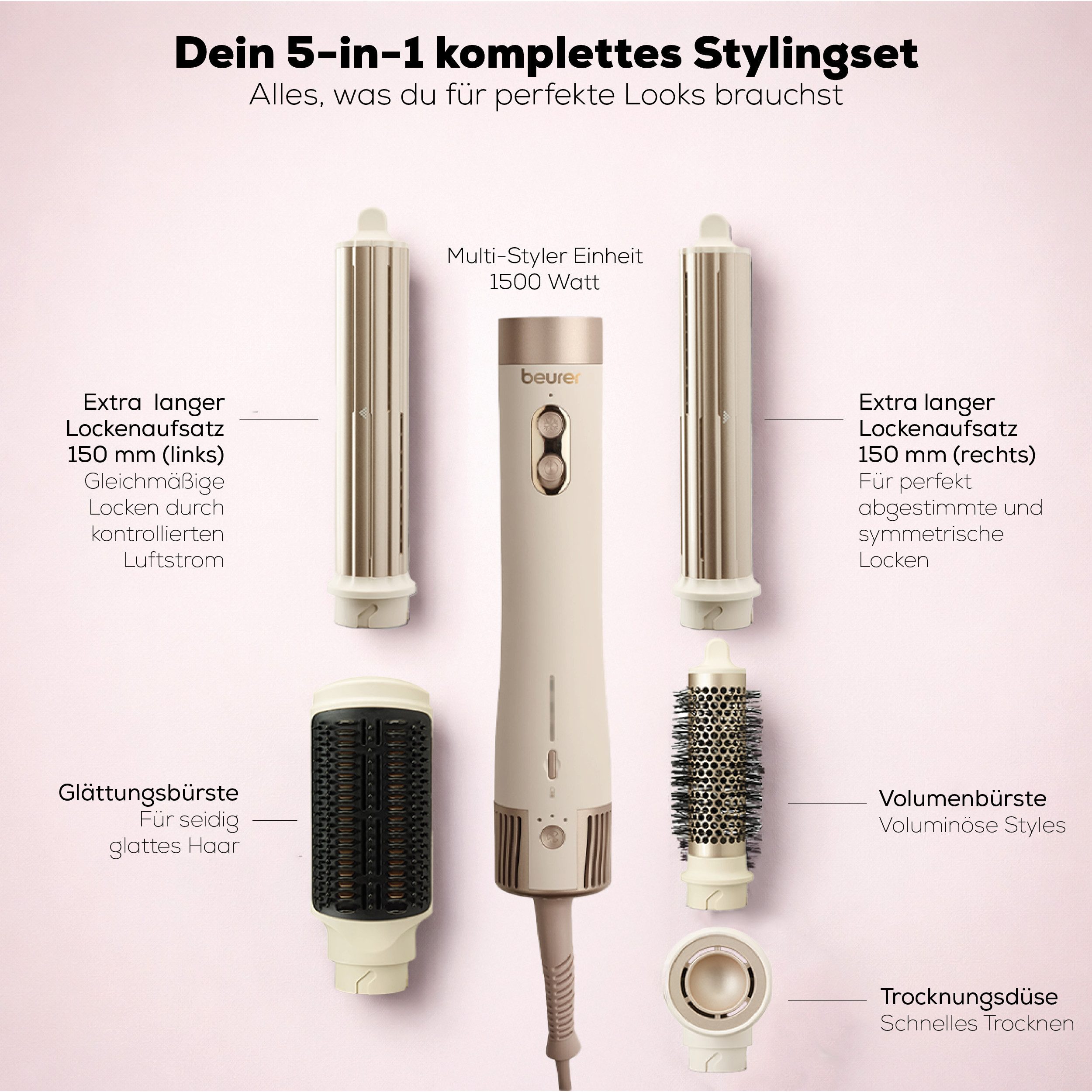 BEURER Multihaarstyler HT 100 Airstyler vielseitiger 5-in-1 Multistyler, Für Trocknen, Glätten, Locken und Volumen