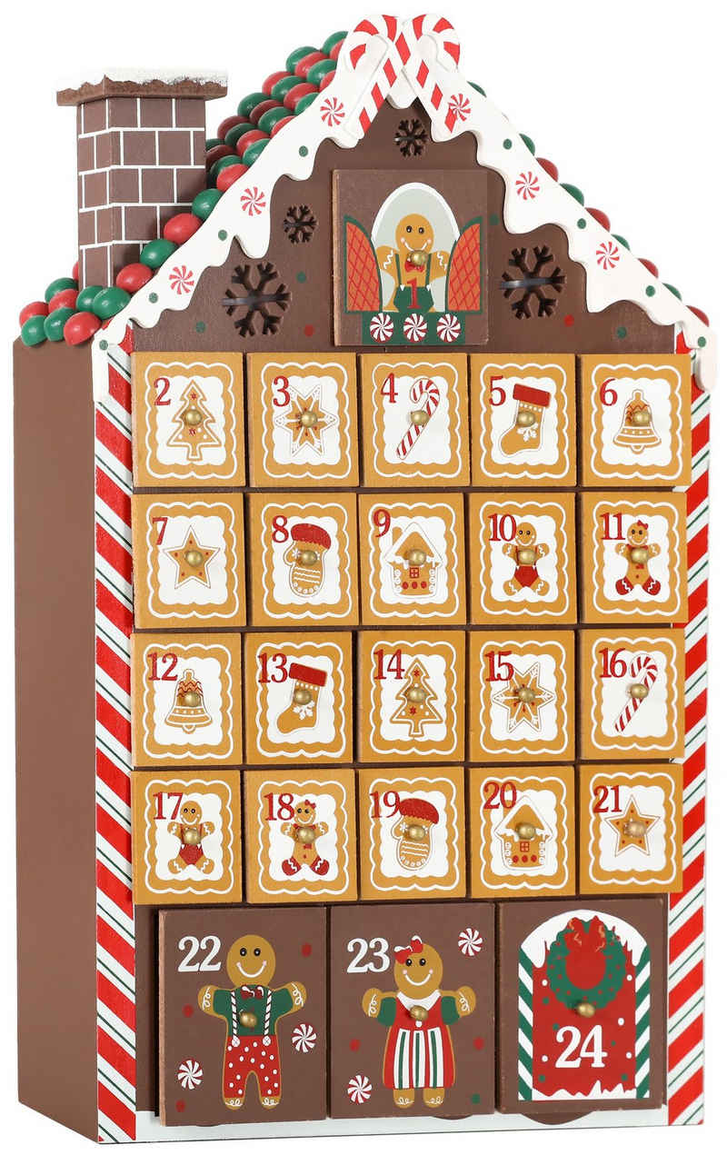 BRUBAKER befüllbarer Adventskalender Weihnachtskalender zum Befüllen - Lebkuchenhaus mit LED-Beleuchtung, Holz Kalender Weihnachten - 26,2 x 45 x 5,5 cm
