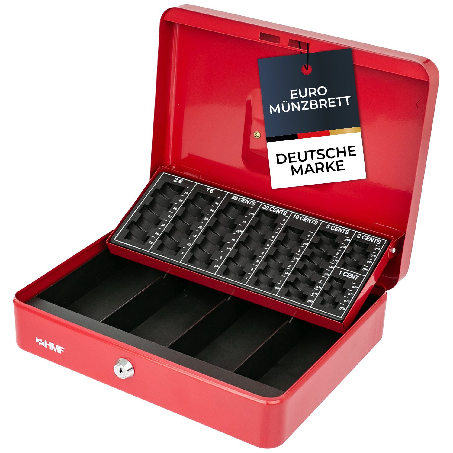 HMF Geldkassette Abschließbare Bargeldkasse mit Münzzählbrett und 4 Banknotenfächern, robuste Geldbox mit Schlüssel, 30,5 x 24 x 8,5 cm, rot