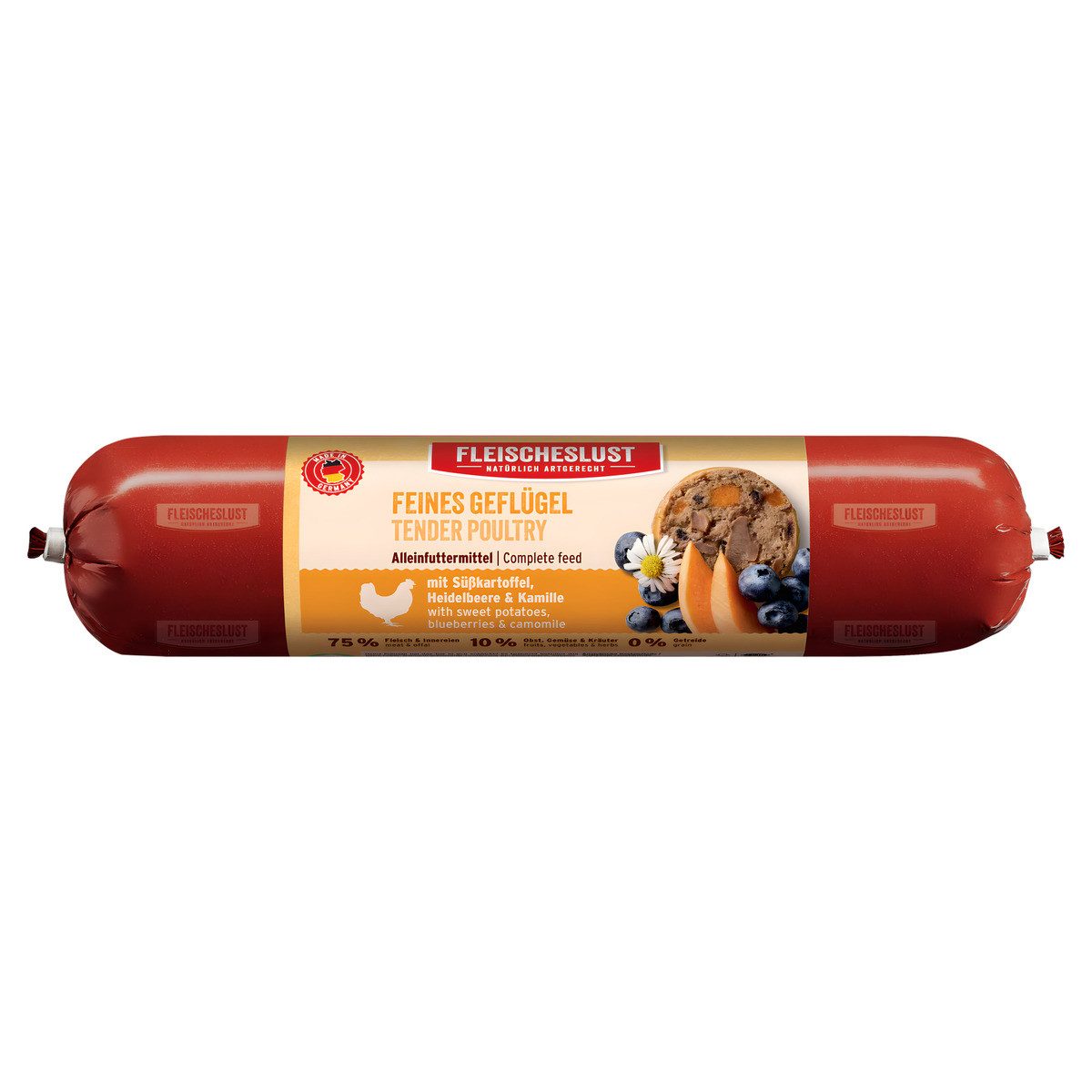 Fleischeslust Classic Feines Geflügel mit Süßkartoffel, Heidelbeeren & Kamille 40, Nassfutter für: Hund