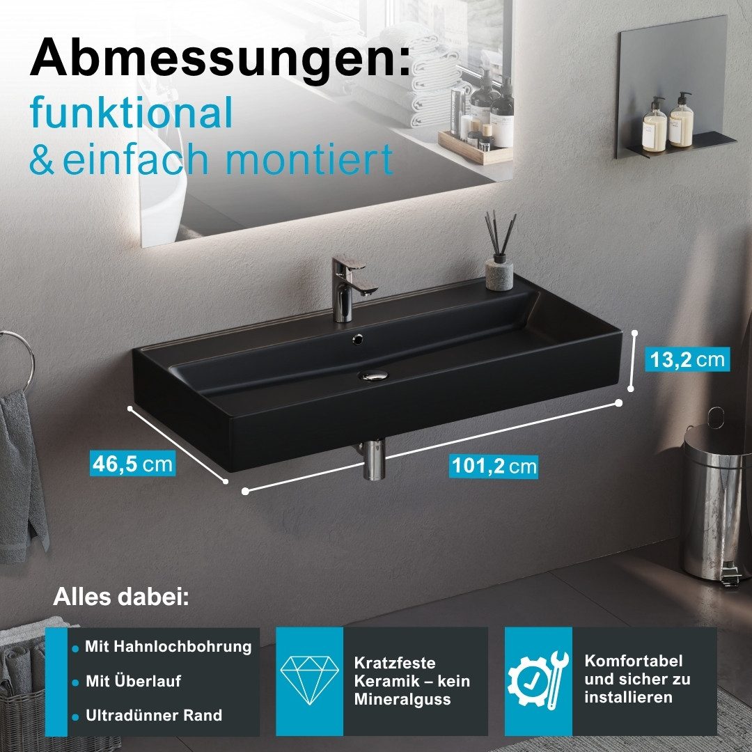 Aqua Bagno Waschtisch Waschbecken wandmontage 100cm matt schwarz Möbelwasctisch
