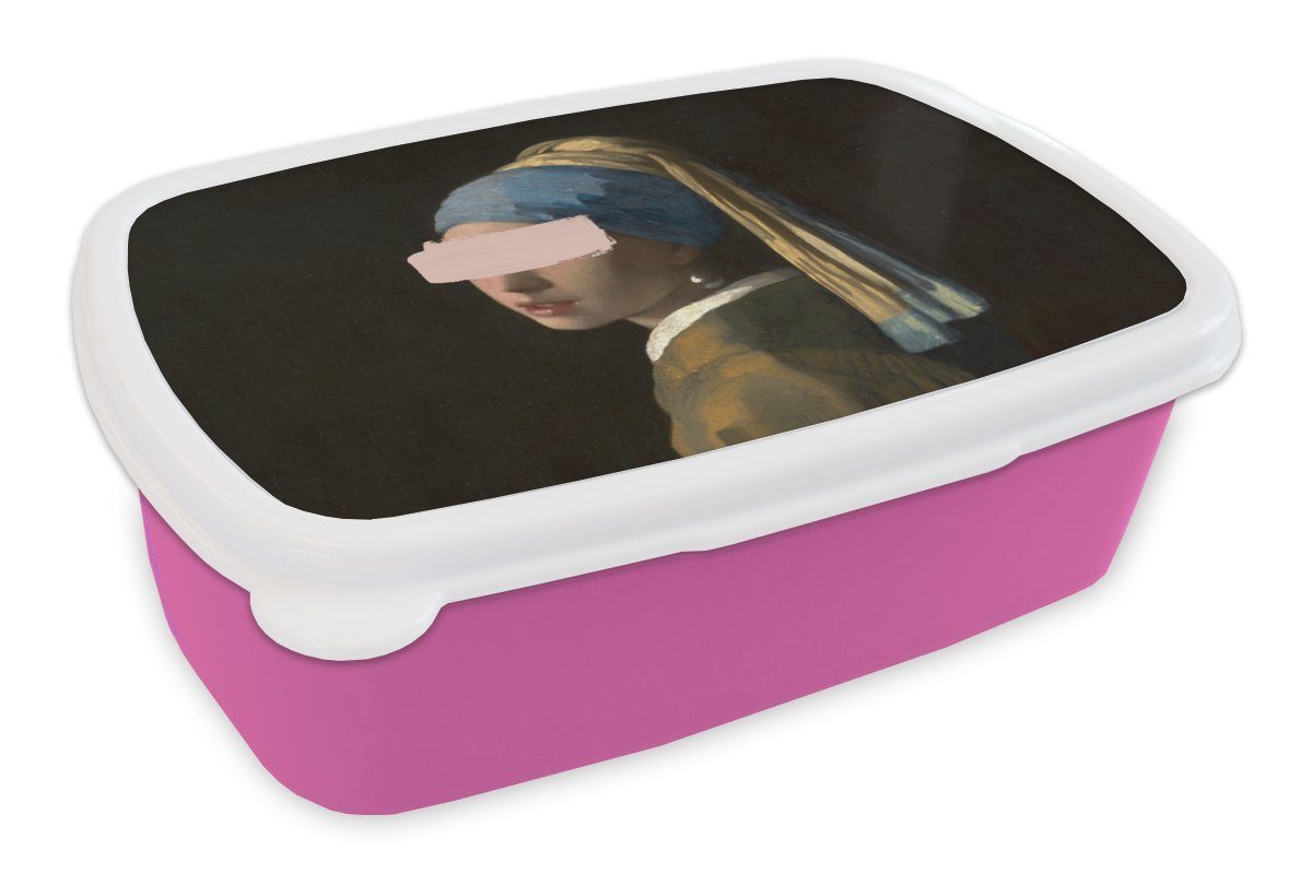 MuchoWow Lunchbox Mädchen mit Perlenohrring - Vermeer - Gemälde, Kunststoff, (2-tlg), Brotbox für Erwachsene, Brotdose Kinder, Snackbox, Mädchen, Kunststoff rosa