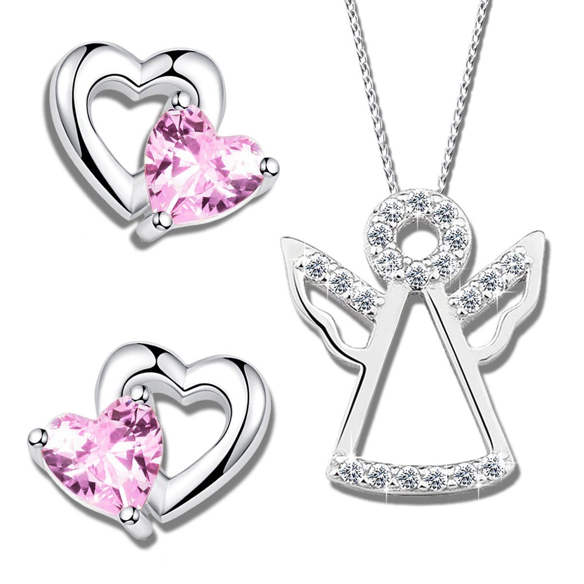 Herz Kette echt rosa 925 Ohrringe Herzohrringe Sterling Silber mit Limana Engel Engelkette Set, Zirkonia Schmuckset