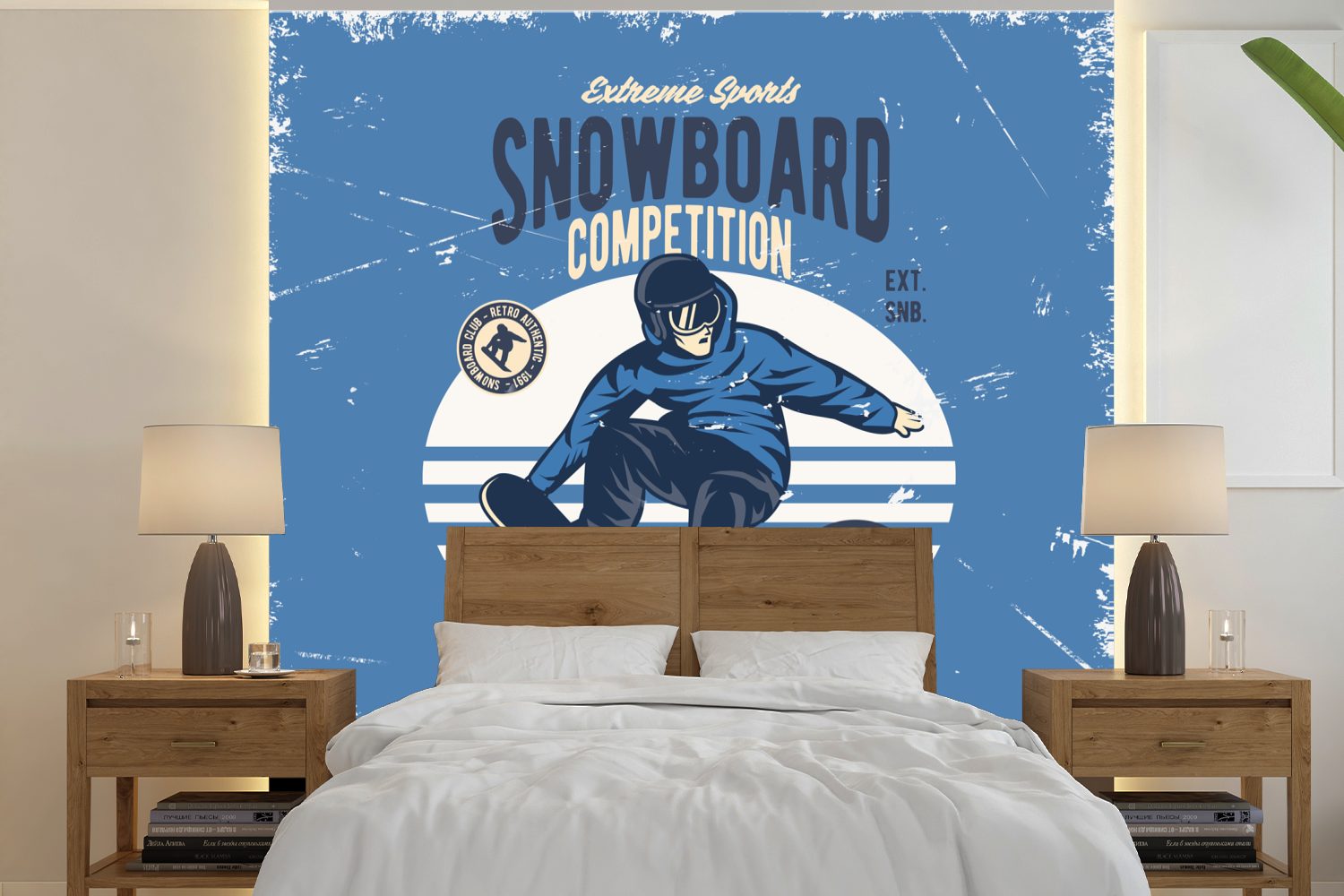 Wintersport Wandtapete - Snowboard MuchoWow bedruckt, Tapete (5 Schlafzimmer, Wohnzimmer Fototapete oder Matt, Retro, Vinyl für St), -