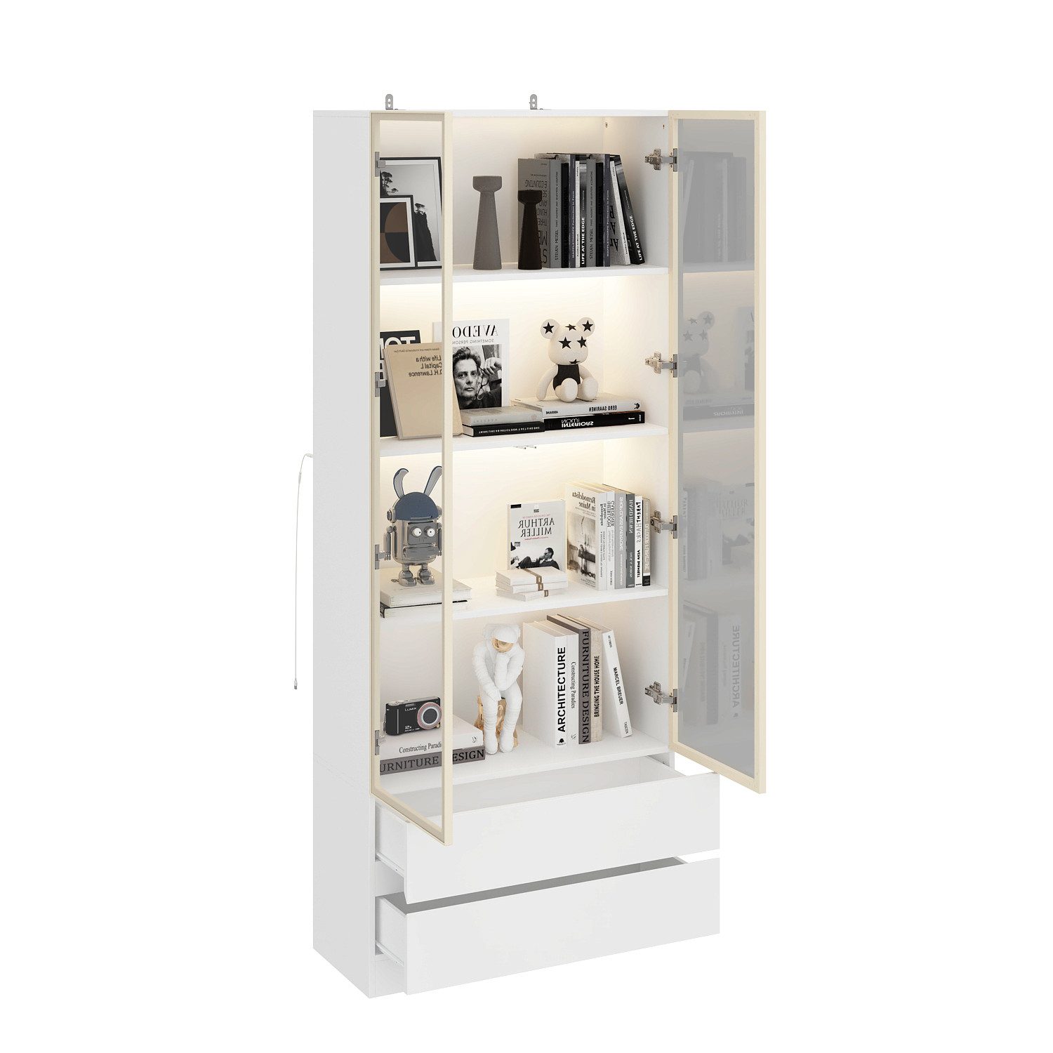 FUFU&GAGA Glasvitrine Vitrine mit LED, Glasvitrine Türen & Schubladen, MDF Glas, 80x36x200cm