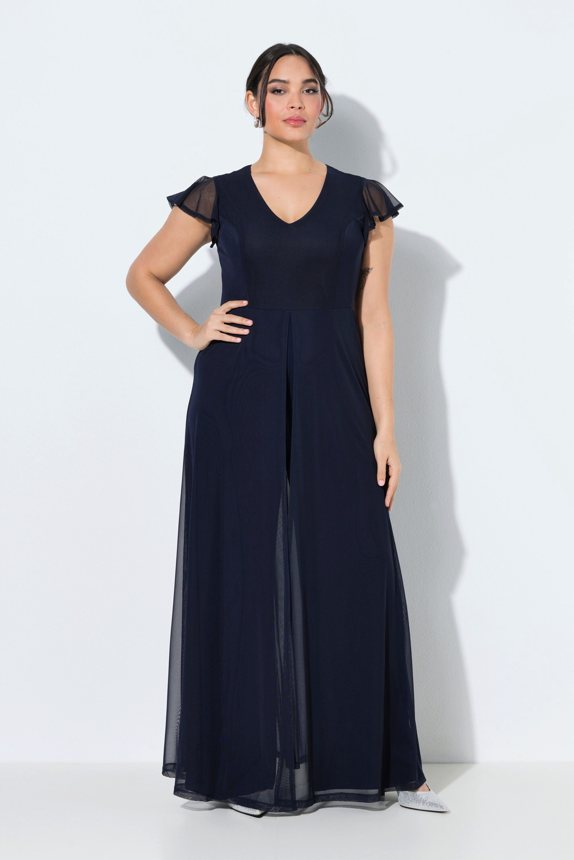 Ulla Popken Funktionshose Jumpsuit doppellagig V-Ausschnitt Cap-Ärmel