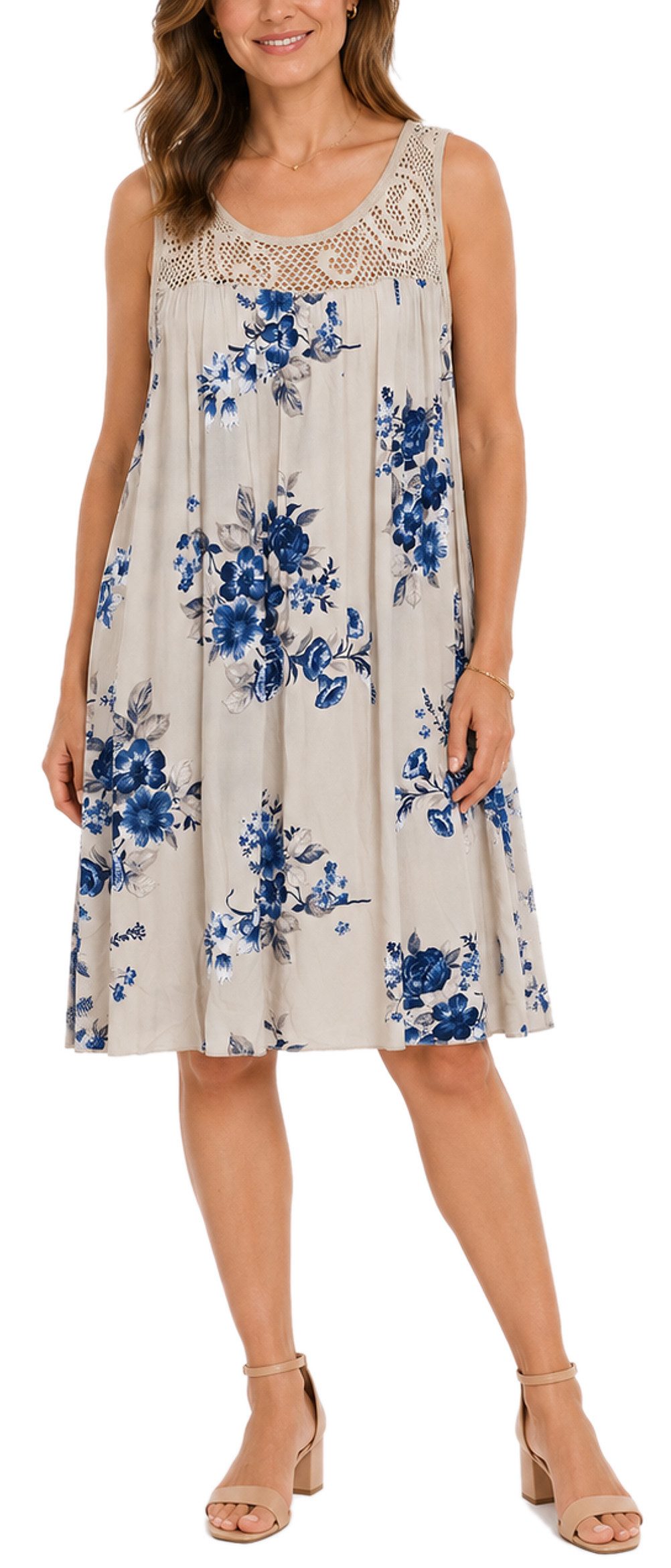 dy_mode Midikleid Damen Sommerkleid Blumenmuster Midi Kleid Strandkleid knielang Knielang, Transparente Häkel-Einsatz im Dekolleté- und Rückenbereich