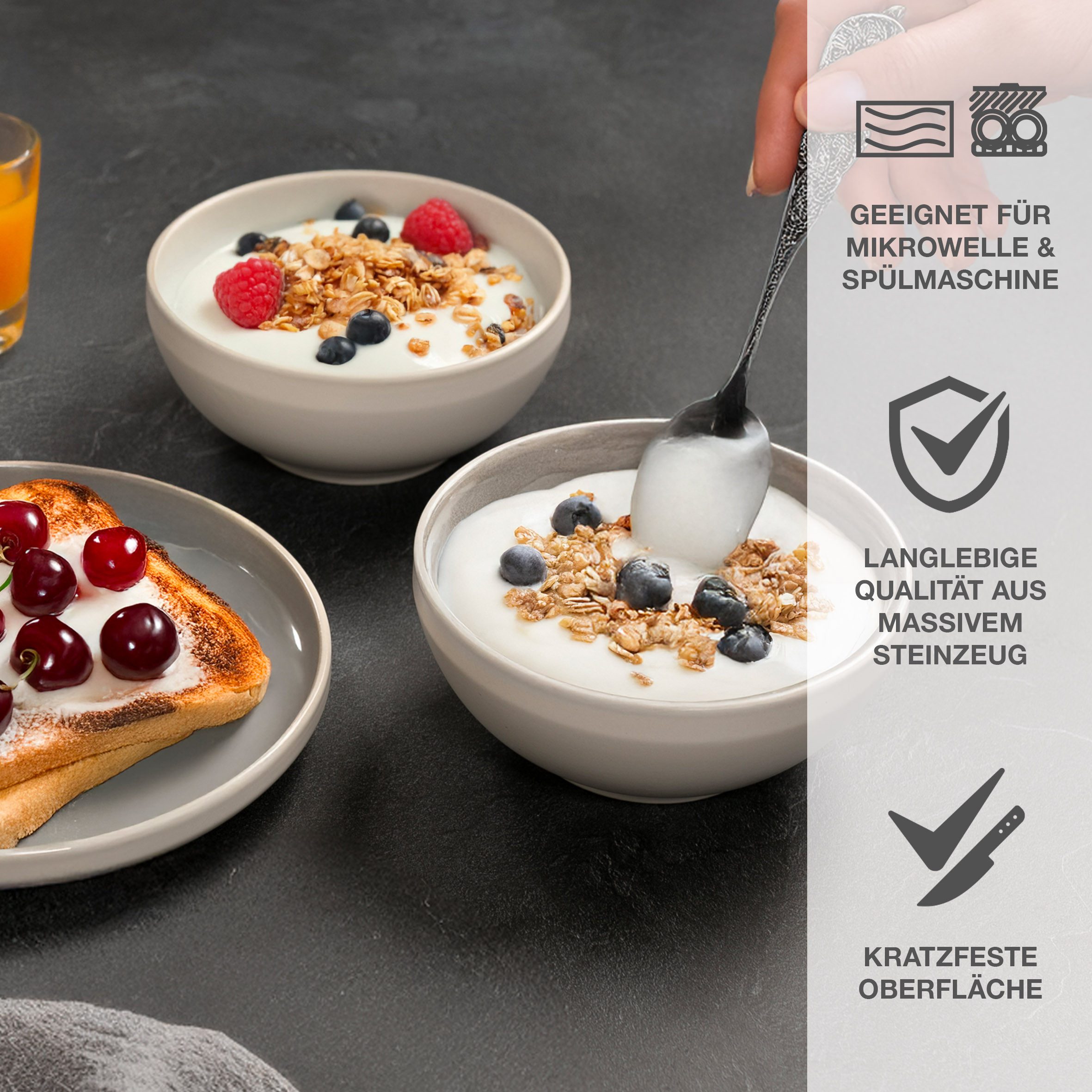 Moritz & Moritz Müslischüssel CAVO Müslibowl Stone, Steinzeug, (Set, 6-tlg), Spülmaschinengeeignet