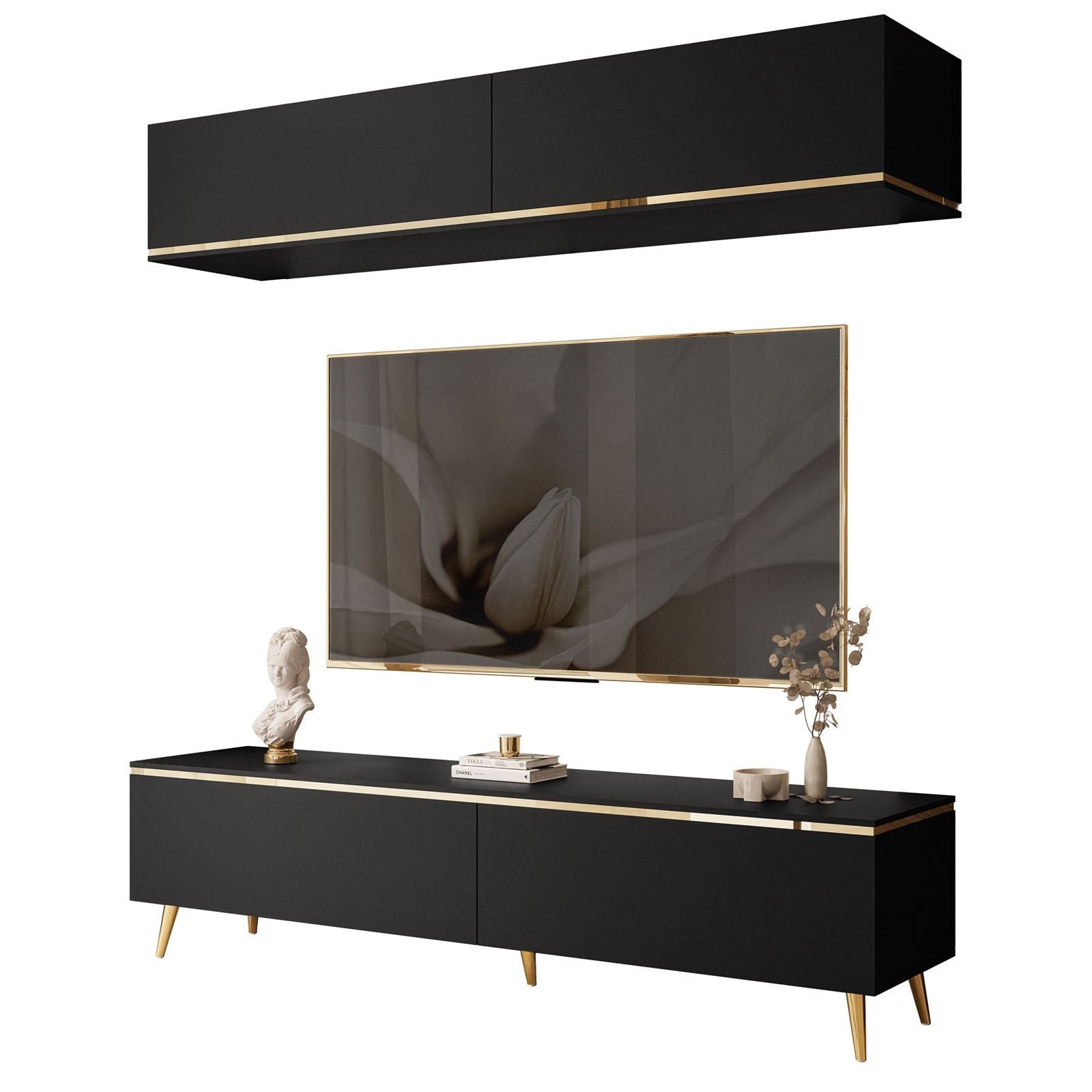 Lookway Wohnwand AURORA II schwarz matt auf Beinen, Fronten in Matt